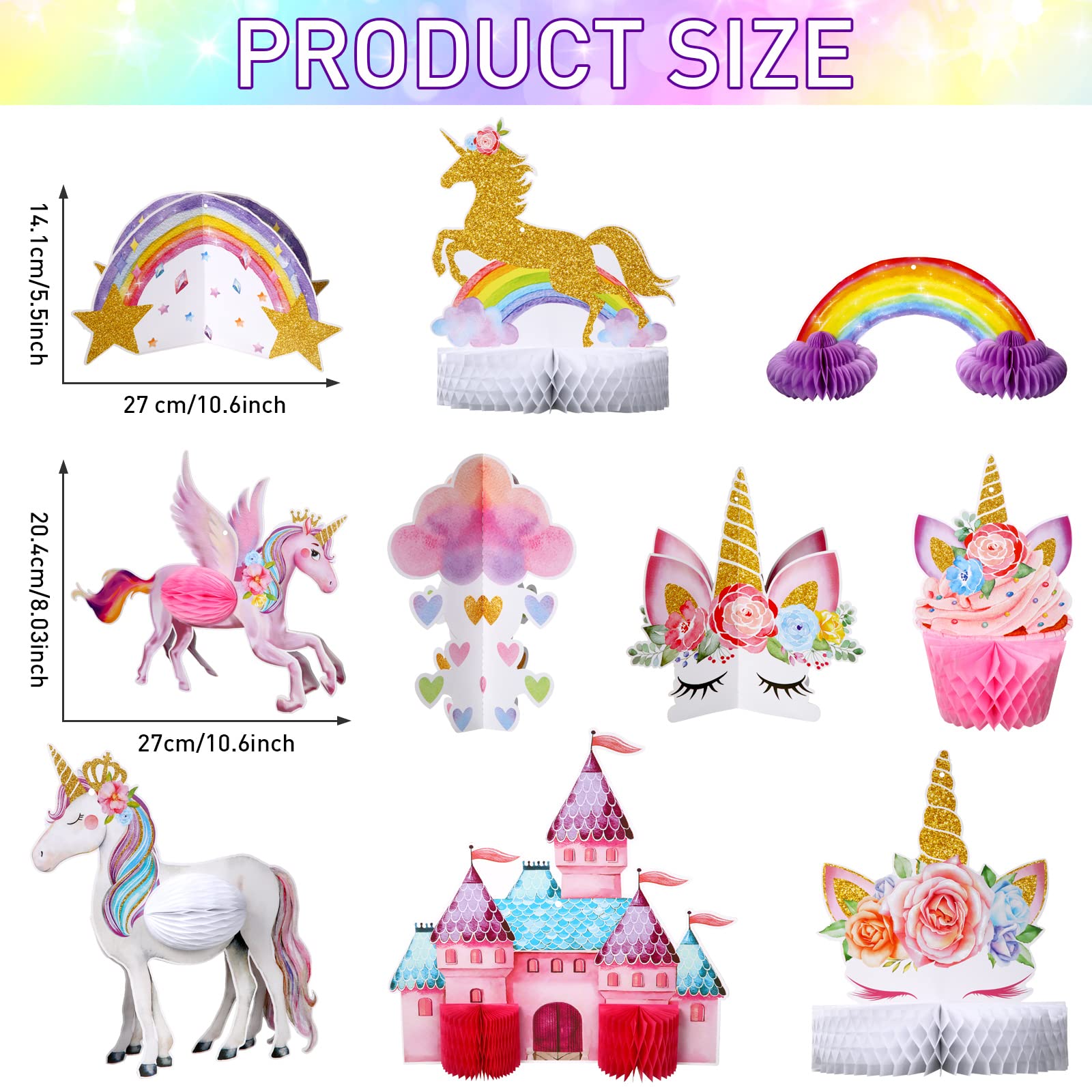 10 Pcs Unicorn Rainbow Honeycomb Centerpieces - Hanging Swirl Table Decorations for Girls Birthday Party, Baby Shower & Bridal Shower - Shiny Unicorn Toppers for Party Supplies & Home Decor