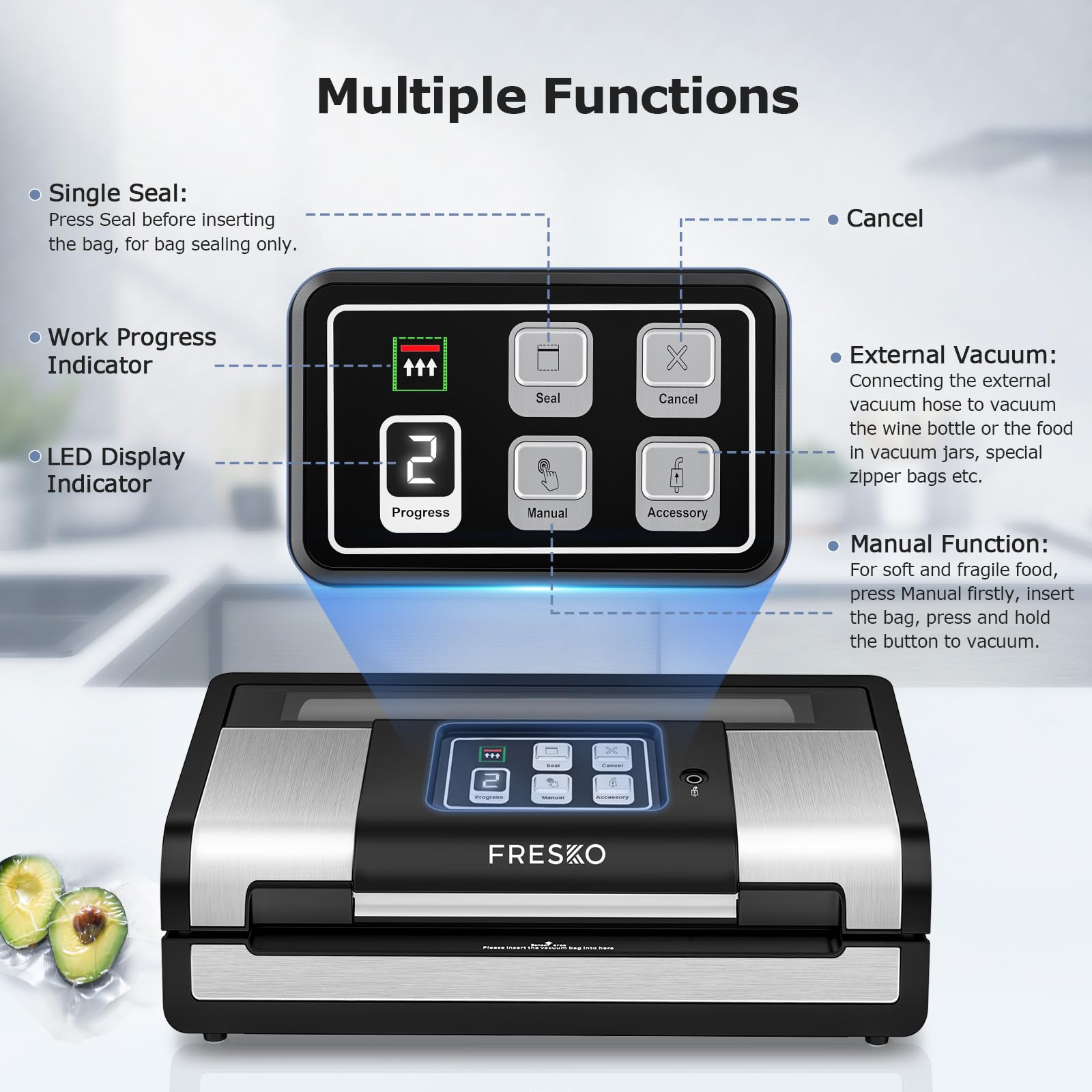 FRESKO Smart Vacuum Sealer Pro - Automatic Food Sealer Machine for Freshness Preservation | Dry & Moist Food Detection | Built-in Cutter & Roll Bags | Ideal for Meal Prep, Sous Vide, Freezer Storage & Leftover Saving