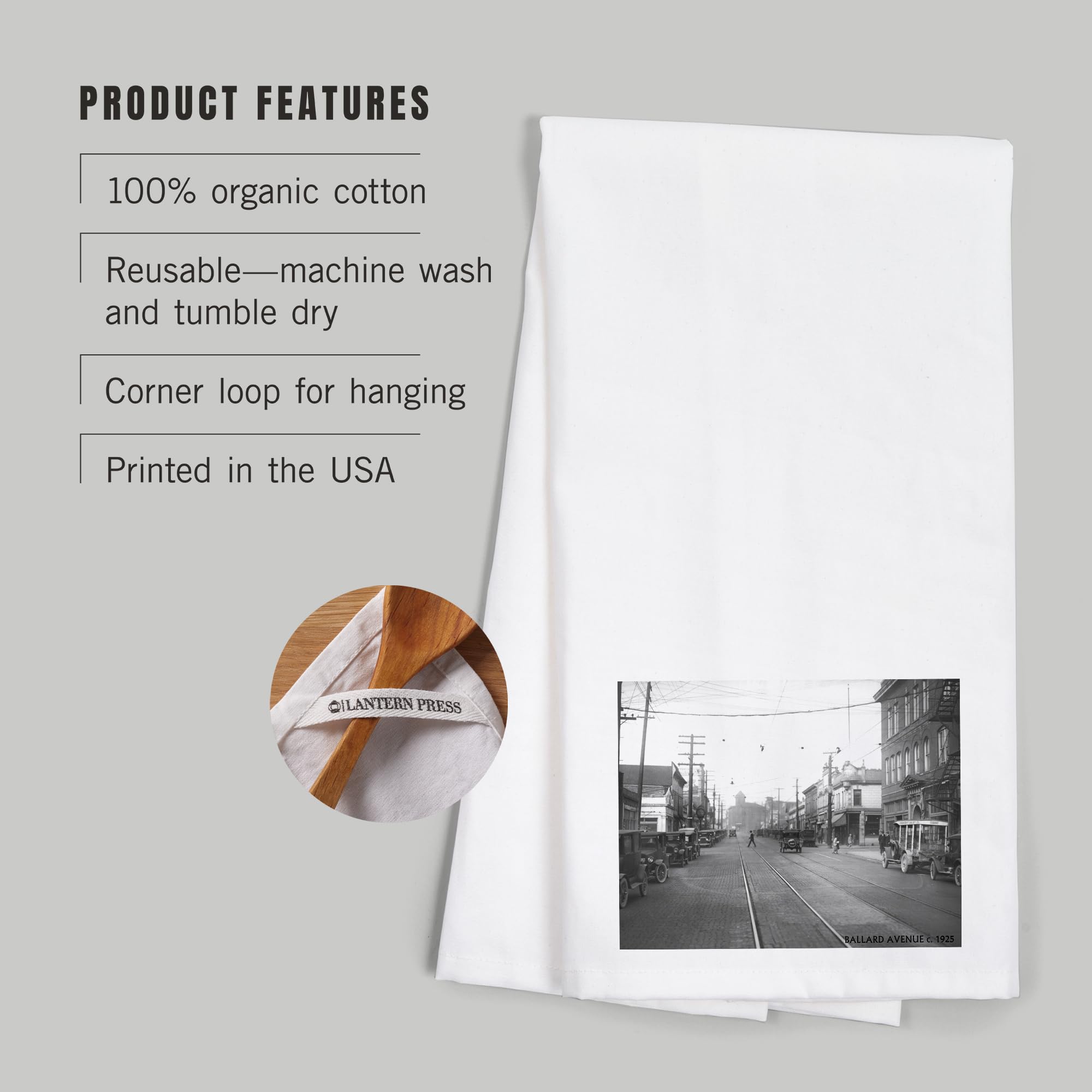Lantern Press Ballard Avenue in Seattle, WA Photograph - 100% Cotton Tea Towel | Decorative Hand Towel for Kitchen & Home Decor | Perfect for Gifts, Housewarming & Farmhouse Style Kitchens