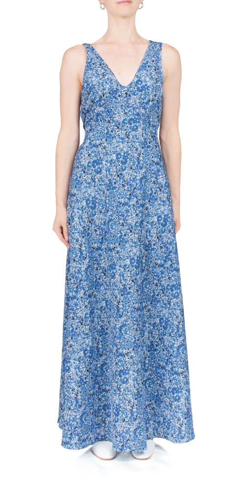 Elegant Reine Satin Maxi Dress with Daisy Print - Women's Flowy Long Evening Gown for Weddings, Parties & Special Occasions