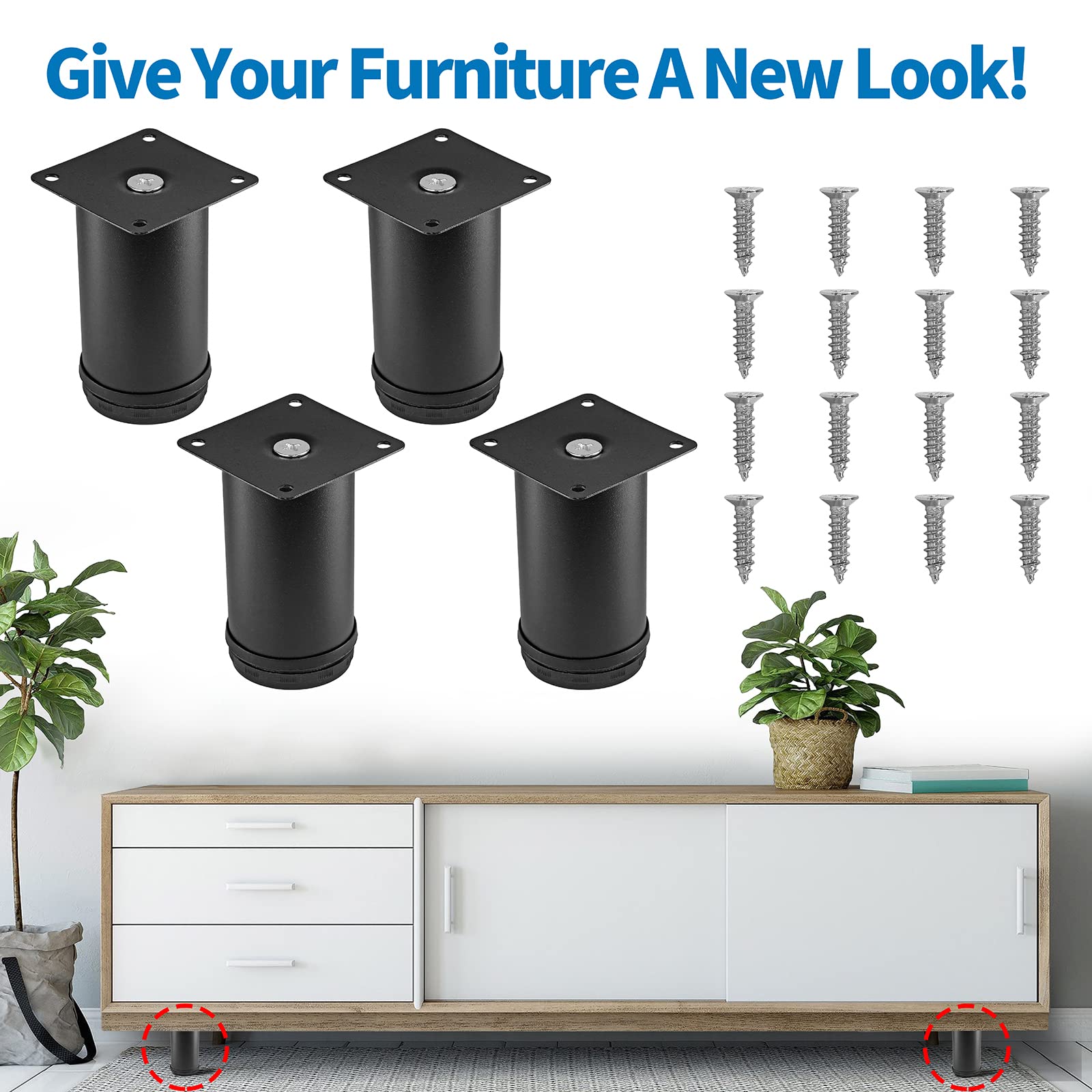 4 Inch Adjustable Stainless Steel Metal Furniture Legs - Round Black Cabinet Legs for Coffee Table, Desk, Sofa & Shelves (Pack of 4) - Perfect for Modern Home & Office Furniture Upgrade