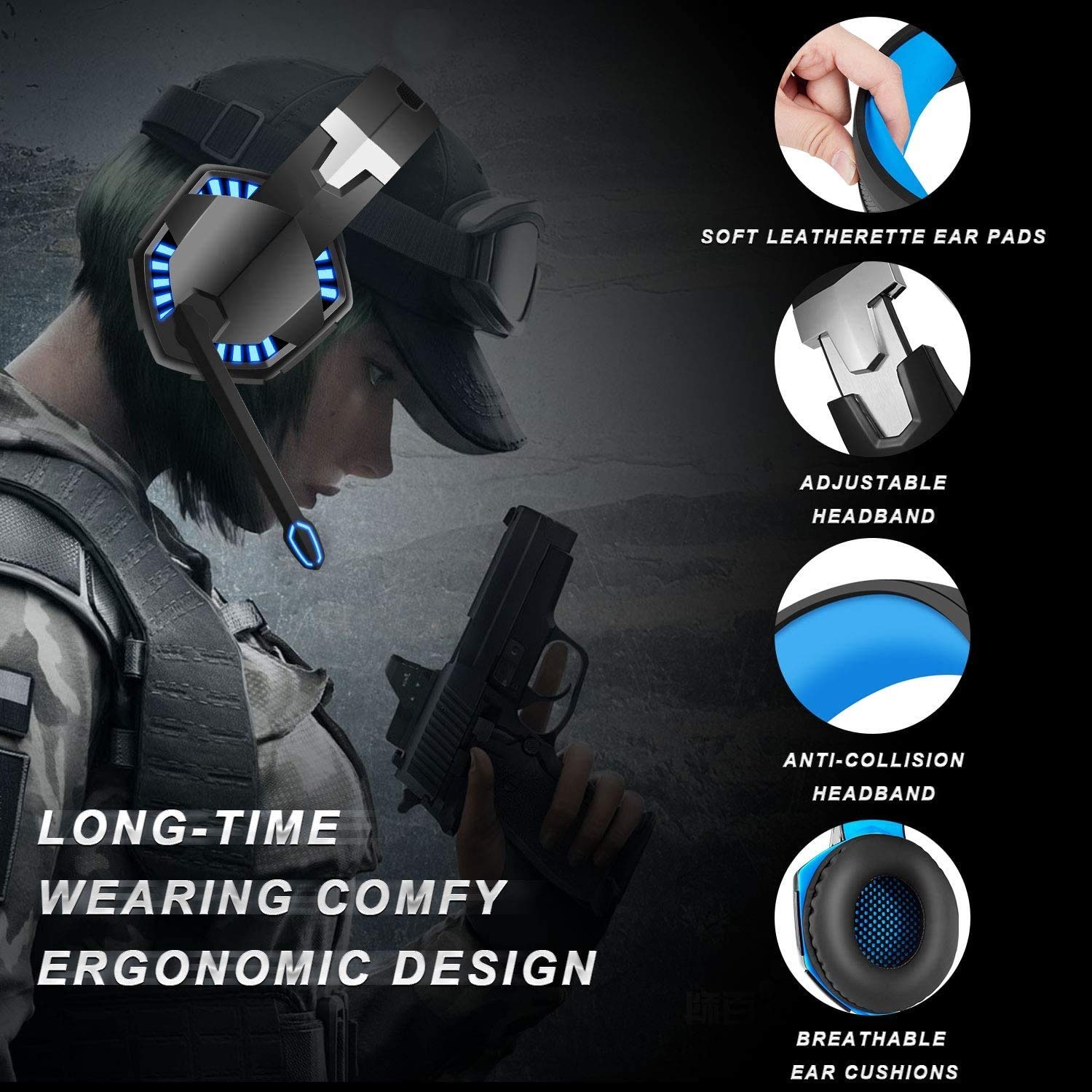 Blue LED Gaming Headset with Voice Changer - Over-Ear Headphones with Volume Control for PS4, Xbox One, Switch, PC, Phone & iPad | Perfect for Online Gaming, Streaming & Virtual Meetings