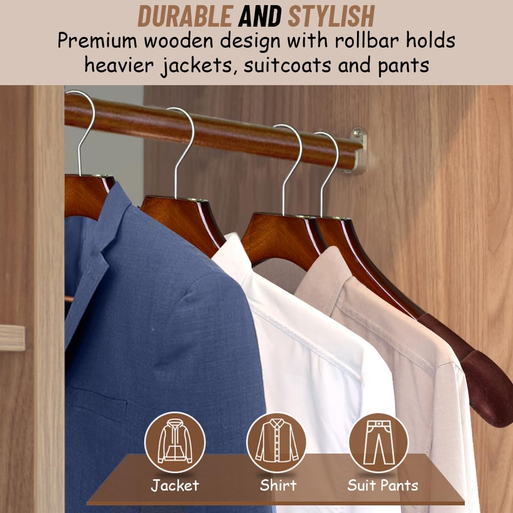Premium Wooden Hangers with Rollbar - Heavy Duty Non-Slip Coat Hangers for Suits & Pants - Wide Shoulder Design - High Gloss Mahogany with Brown Velvet (12 Pack) - Perfect for Closet Organization & Luxury Garment Storage