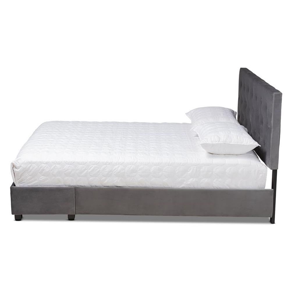Baxton Studio Caronia Modern Grey Velvet Upholstered Queen Platform Storage Bed with 2 Drawers - Perfect for Small Bedrooms & Guest Rooms