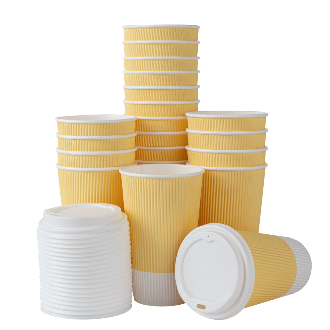 16 oz Light Yellow Ripple Wall Paper Coffee Cups with White Lids - 20 Count Bulk Pack (3.5
