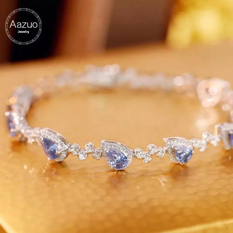 18K Solid White Gold Blue Sapphire & Diamond Bracelet for Women - Elegant Fairy Design, Perfect for High-Class Banquets & Special Occasions