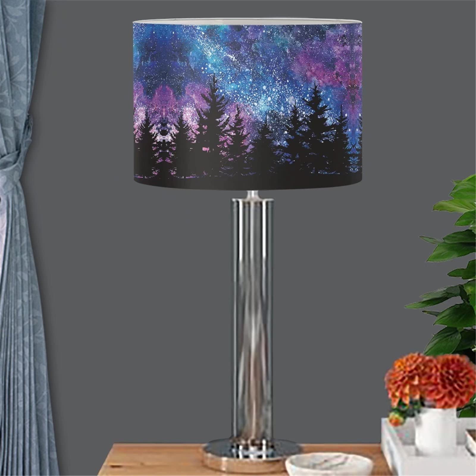 Galaxy Forest Print Drum Lampshade - Modern Table Lamp Shade Cover for Floor & Wall Lamps - Large Bulb & Candle Shade - Perfect for Living Room, Bedroom & Home Decor (Nature-Inspired Lighting Accent)