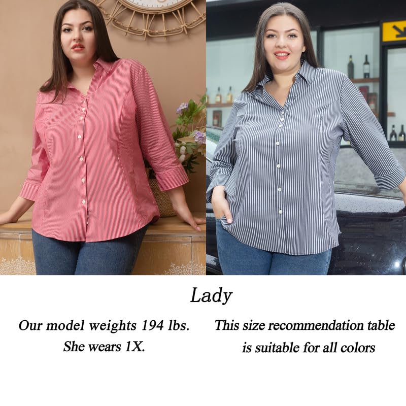 Plus Size Women's 3/4 Sleeve Button Down V-Neck Blouse - Stretch Business Casual Shirt for Office, Work & Everyday Wear