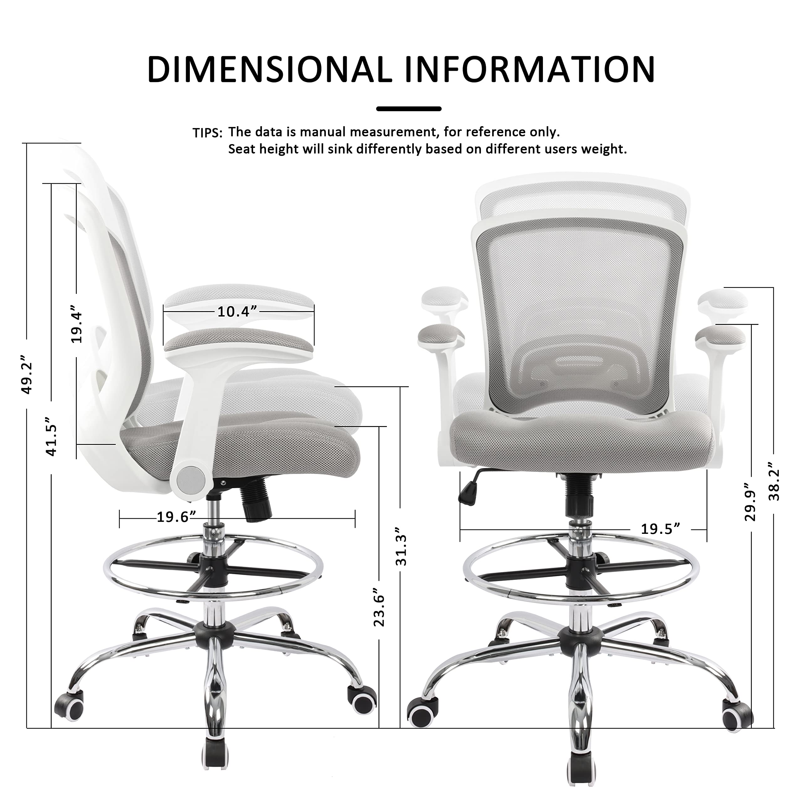 Ergonomic Adjustable Drafting Chair for Standing Desks - Tall Office Stool with Flip-Up Arms & Foot Ring - Grey - Perfect for Home Office, Gaming, and Counter Height Workspaces