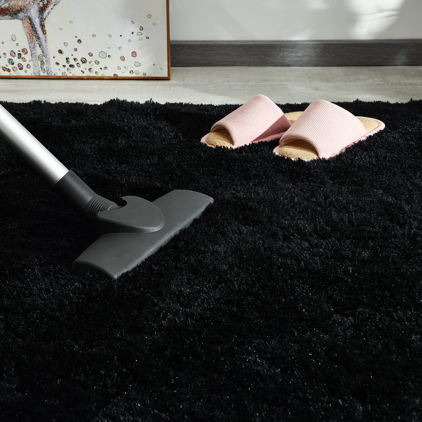 Andecor Soft Fluffy Shaggy Area Rug 8x10 Feet - Plush Bedroom Rug for Kids, Boys & Girls - Non-Slip Nursery, Dorm, Living Room Carpet - Cozy Home Decor Floor Mat (Black) - Perfect for Playrooms, Bedside & Lounge Areas