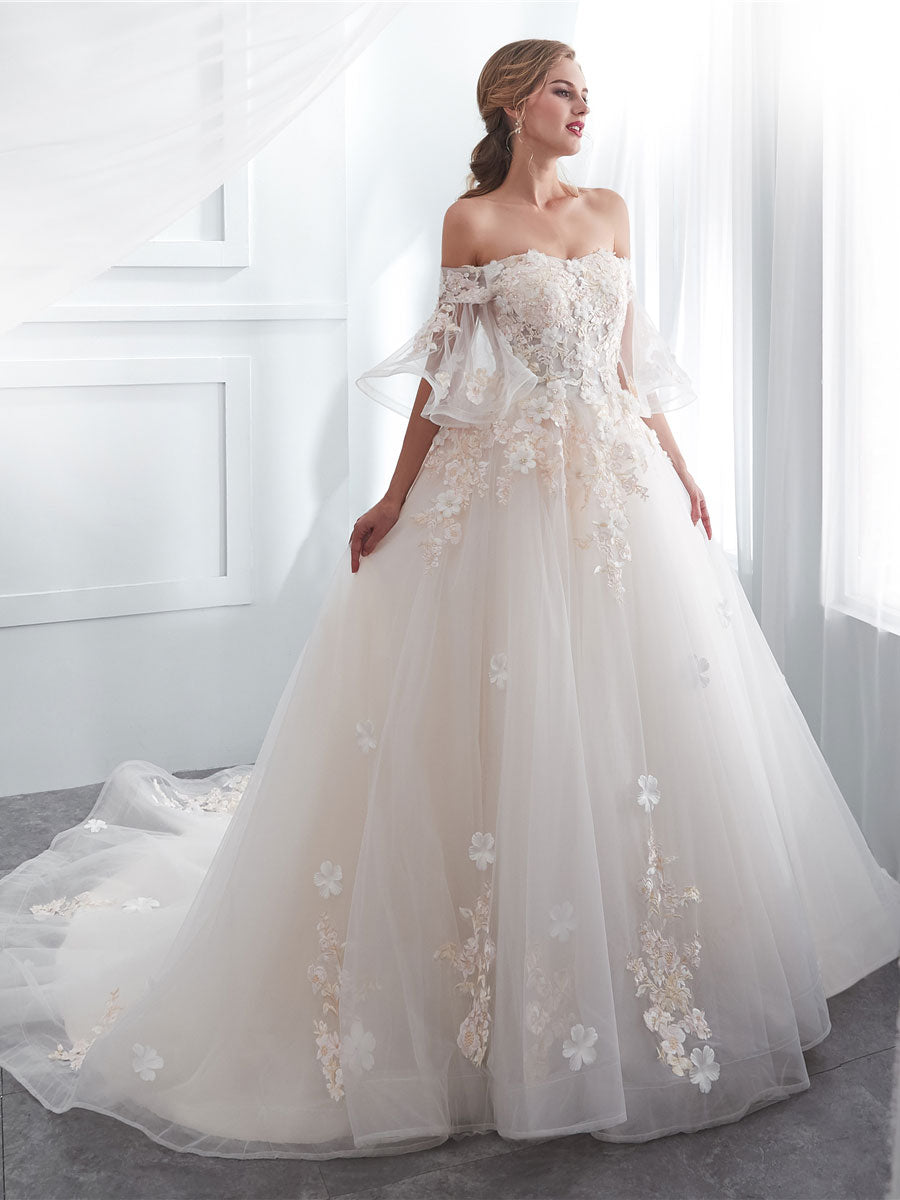 Ivory Long Lace Wedding Dress with Tulle Skirt - Elegant A-Line Bridal Gown for Church Ceremony & Beach Wedding