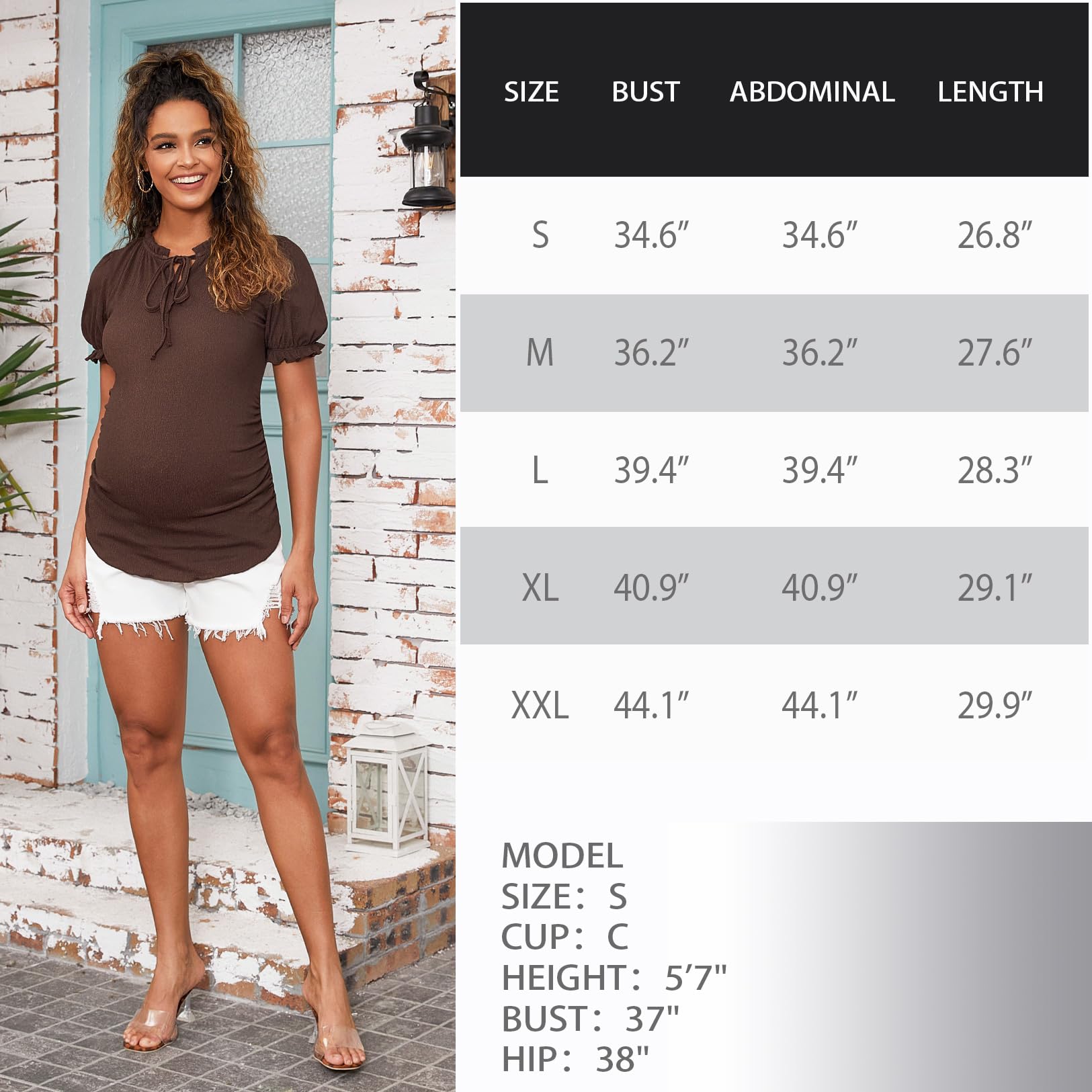 DEBELLY Maternity Blouse - Ruffled Short Puff Sleeve Textured Pregnancy Shirt for Women with Notch Neck & Strap Detail | Perfect for Maternity Photos, Baby Showers & Nursing Comfort
