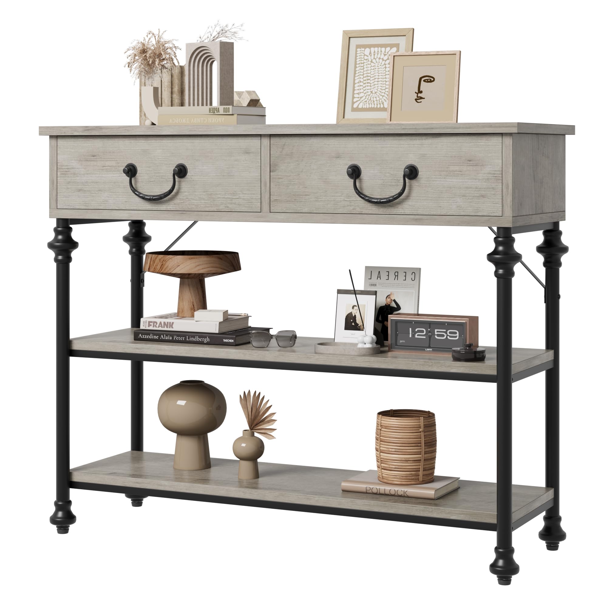 IDEALHOUSE Rustic Grey Small Entryway Table with 2 Drawers & Storage Shelves - Narrow Console Table for Living Room, Hallway, Sofa | Perfect for Home Entry Organization & Decorative Display