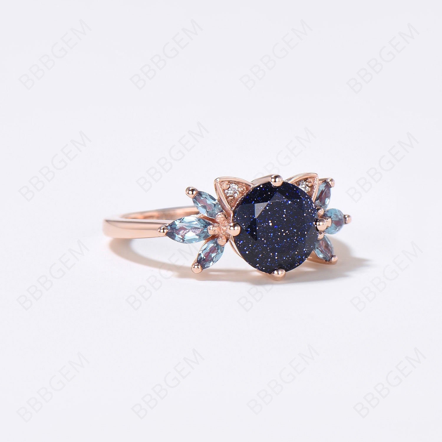 7mm Round Blue Sandstone Cat Engagement Ring - Alexandrite Cluster Wedding Band for Cat Lovers | Unique Kitten Jewelry Gift for Her, Perfect for Proposals, Anniversaries & Special Occasions