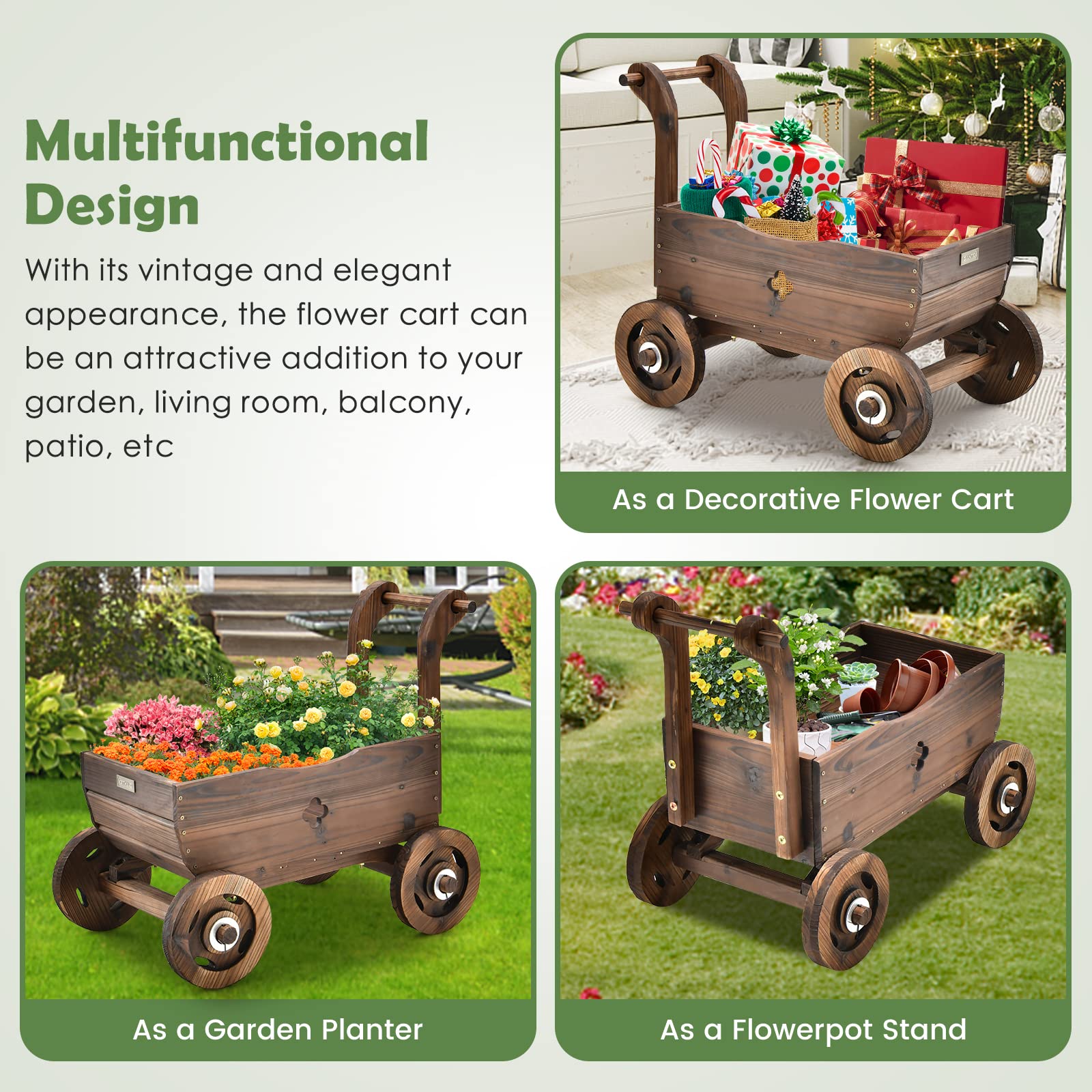 Giantex Wooden Wagon Planter with Wheels & Handle - Rustic Mobile Raised Garden Bed with Drainage Holes - Decorative Flower Pot Cart for Indoor Outdoor Patio Balcony Decor - Perfect for Herbs Flowers Succulents in Home Garden Landscaping