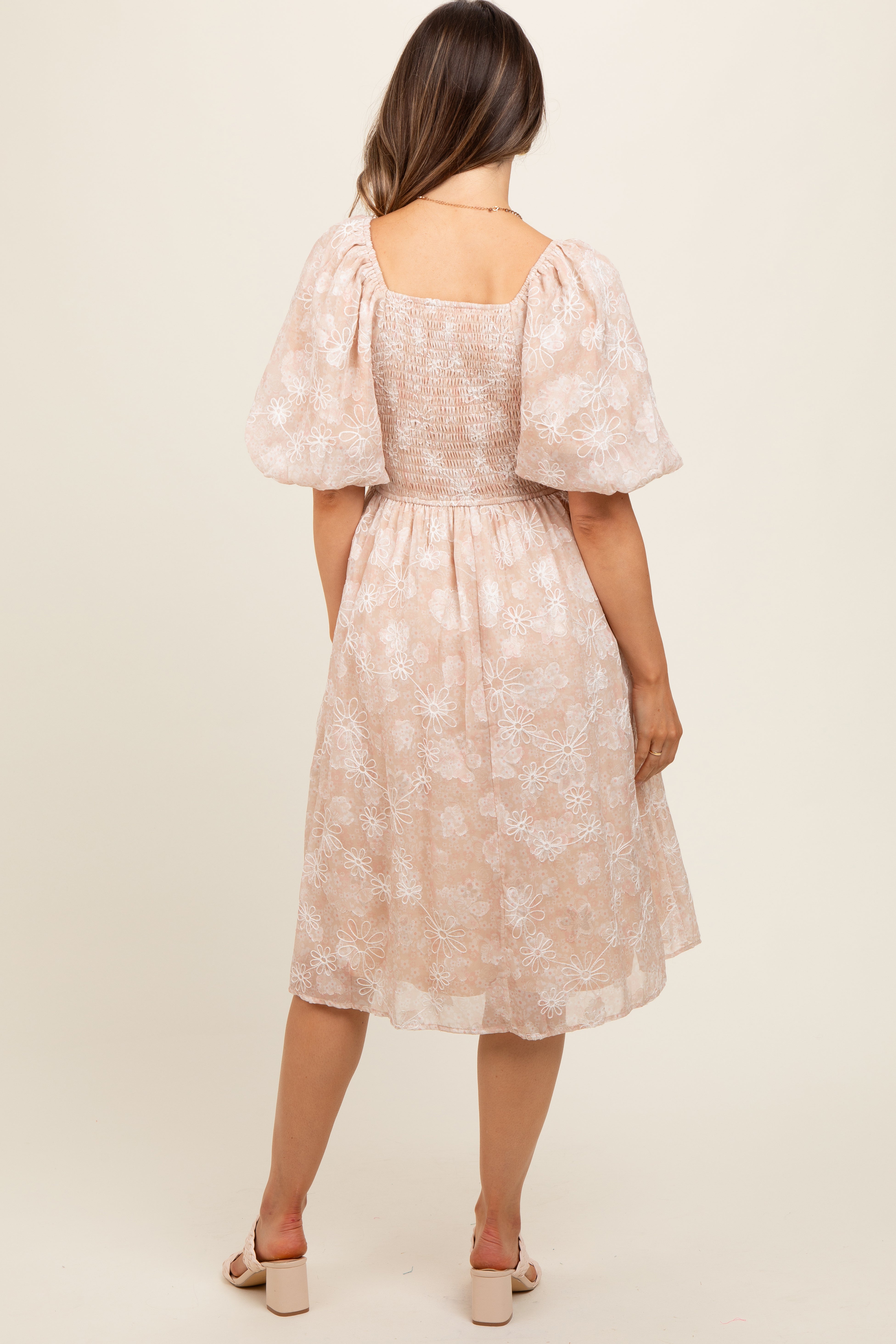 Beige Floral Embroidered Short Puff Sleeve Maternity Dress for Pregnancy Photos, Baby Showers & Summer Outfits - Comfortable Stretchy Nursing Dress for Expecting Mothers