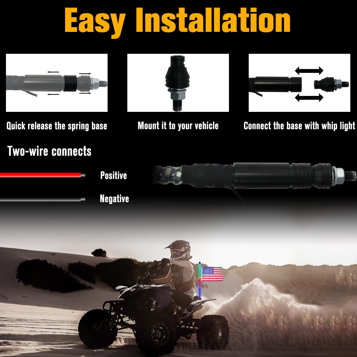 2PCS 2FT Spiral LED Whip Lights - Waterproof Safety Whips with Bluetooth APP & RF Wireless Remote Control for Offroad Vehicles - Compatible with UTV, ATV, Polaris RZR, Dune Buggy, 4X4 - Perfect for Night Riding, Camping & Emergency Warning Signals