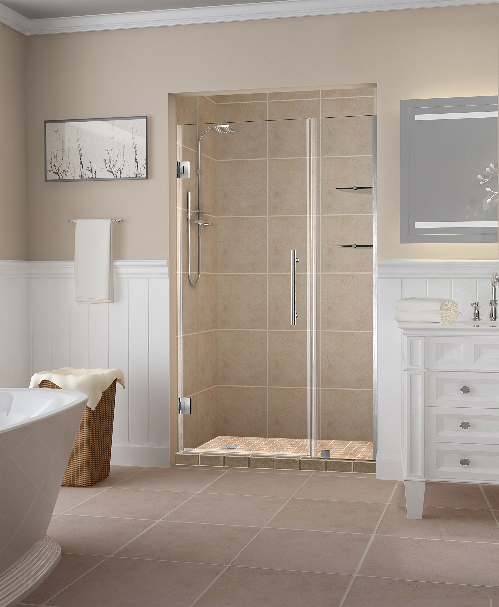 Aston Belmore GS Frameless Hinged Frosted Glass Shower Door with Shelves - Modern Bathroom Upgrade for Spa-Like Experience