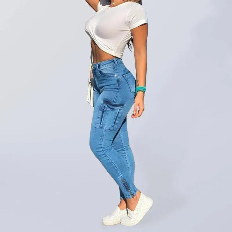 Women's Cargo Jeans with Zipper Ankle Cuffs - Stylish & Functional Pants for Outdoor Adventures, Travel & Casual Wear
