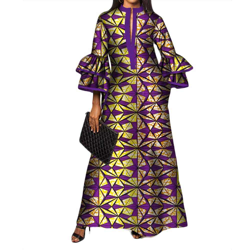 BAZINRICHE African Maxi Dress for Women - Ankara Print Wedding Party Dress with Double Layered Bell Sleeves - Perfect for Bridal Showers, Cultural Events & Summer Vacations