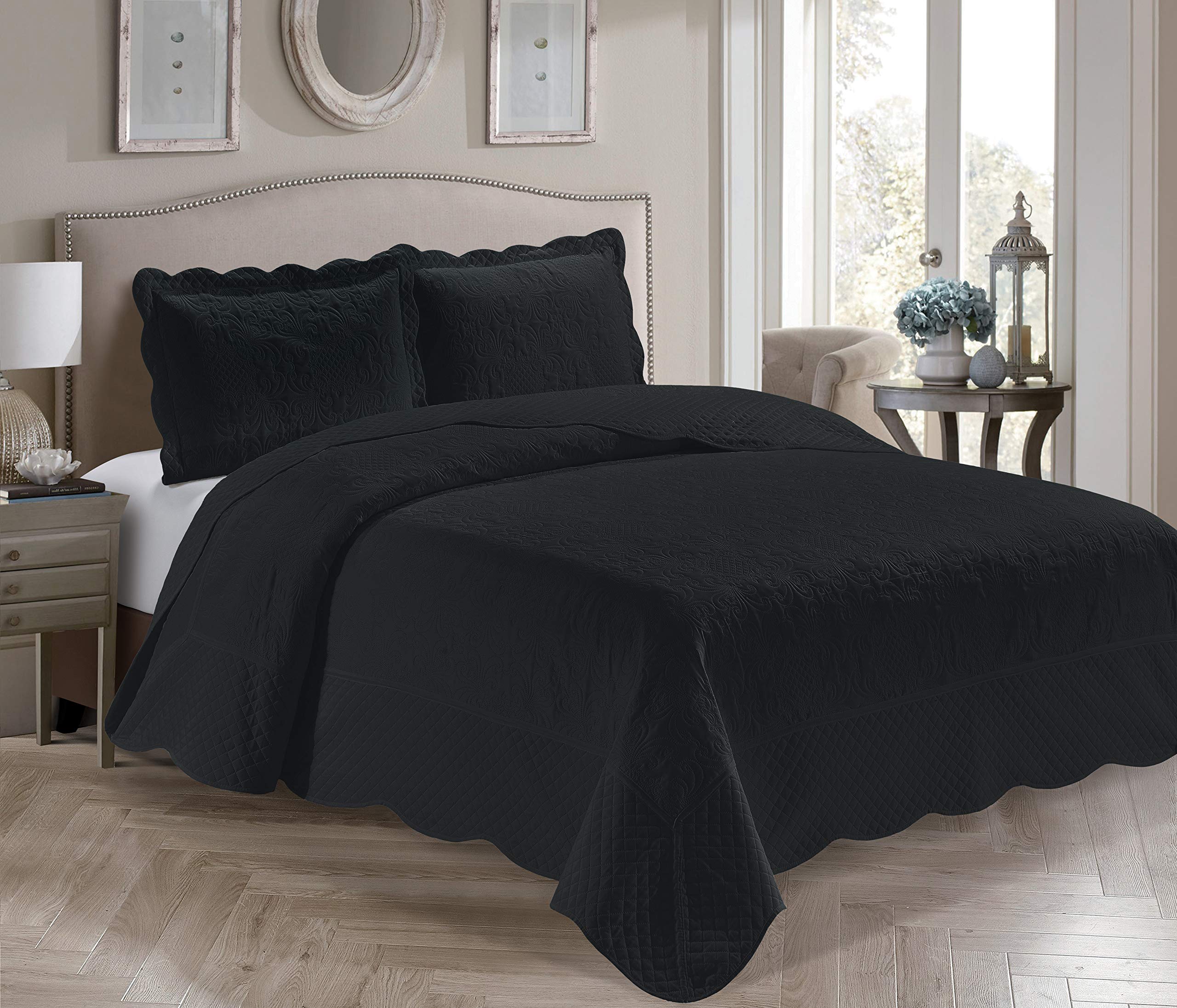 Better Home Style 3 Piece Luxury Ultrasonic Embossed Solid Quilt Coverlet Bedspread Set - King/Cal-King Size, Black - Perfect for Master Bedroom, Guest Room & Hotel Decor