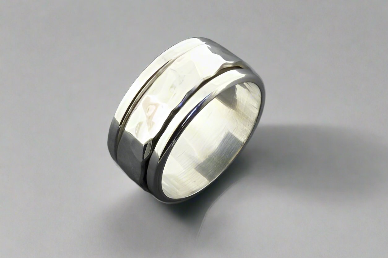 Hammered Spinner Ring for Anxiety Relief - Sterling Silver 925 for Men & Women - Stress Relief Fidget Jewelry for Office, Travel & Meditation
