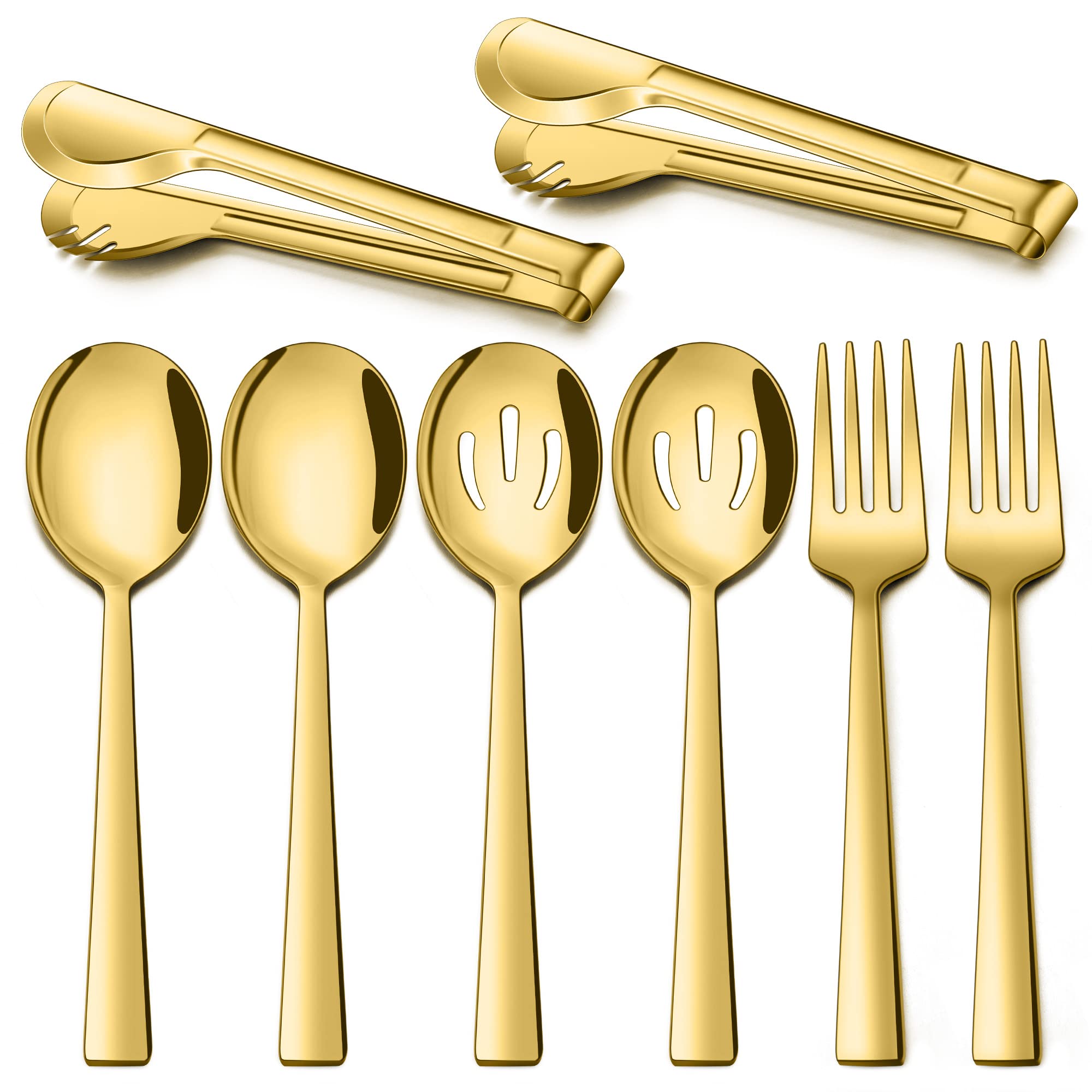 Premium 8-Piece Stainless Steel Serving Utensil Set - Gold Mirror Finish Serving Spoons, Slotted Spoons, Forks & Tongs for Buffet, Party, Banquet - Dishwasher Safe Kitchen Tools for Entertaining & Catering