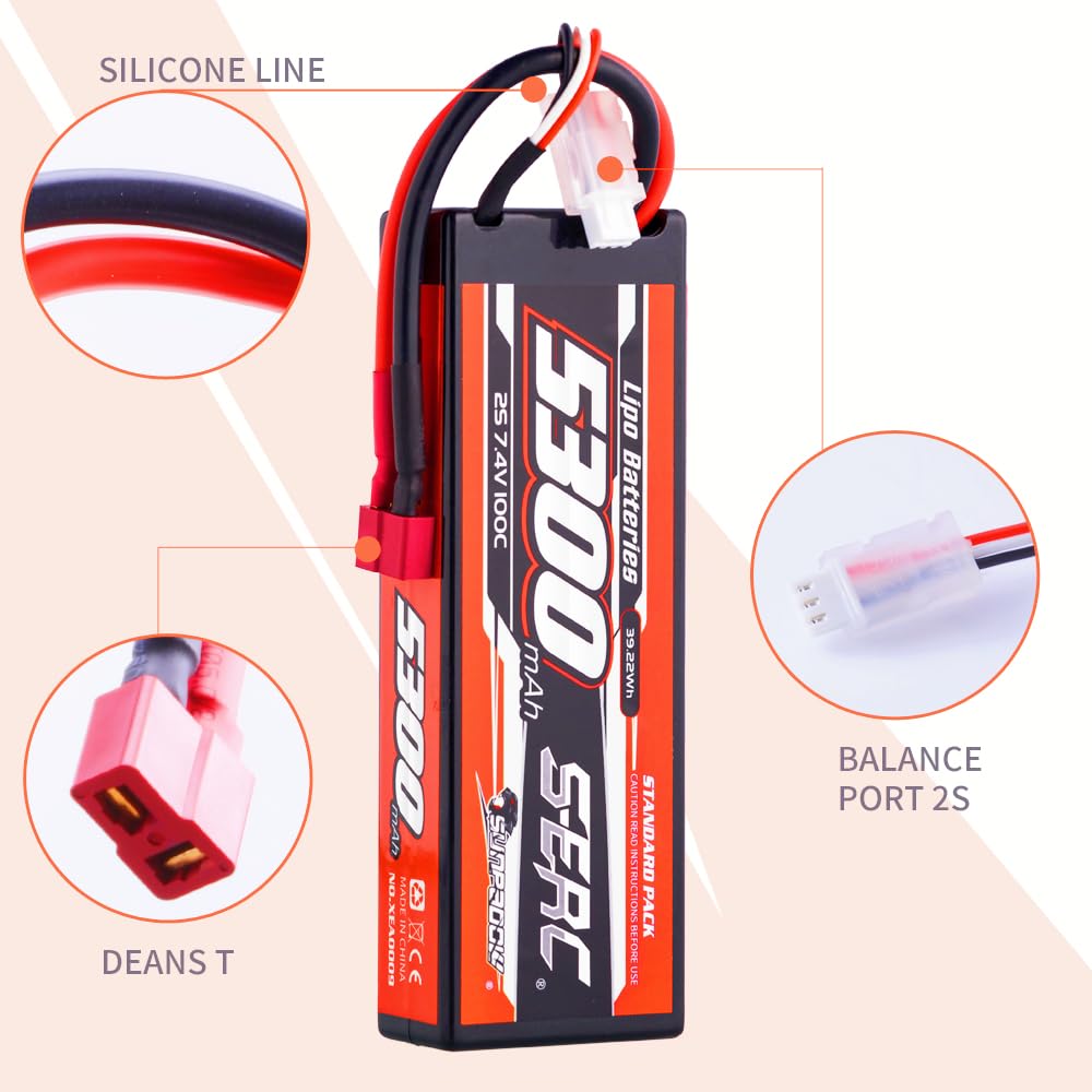 SUNPADOW 2S Lipo Battery 7.4V 5300mAh 100C Hard Case with Deans T Connector - Rechargeable RC Battery for RC Cars, Trucks, Buggies, Truggies and Tanks (2 Pack) - Perfect for High-Speed Racing, Off-Road Bashing and RC Vehicle Power Supply