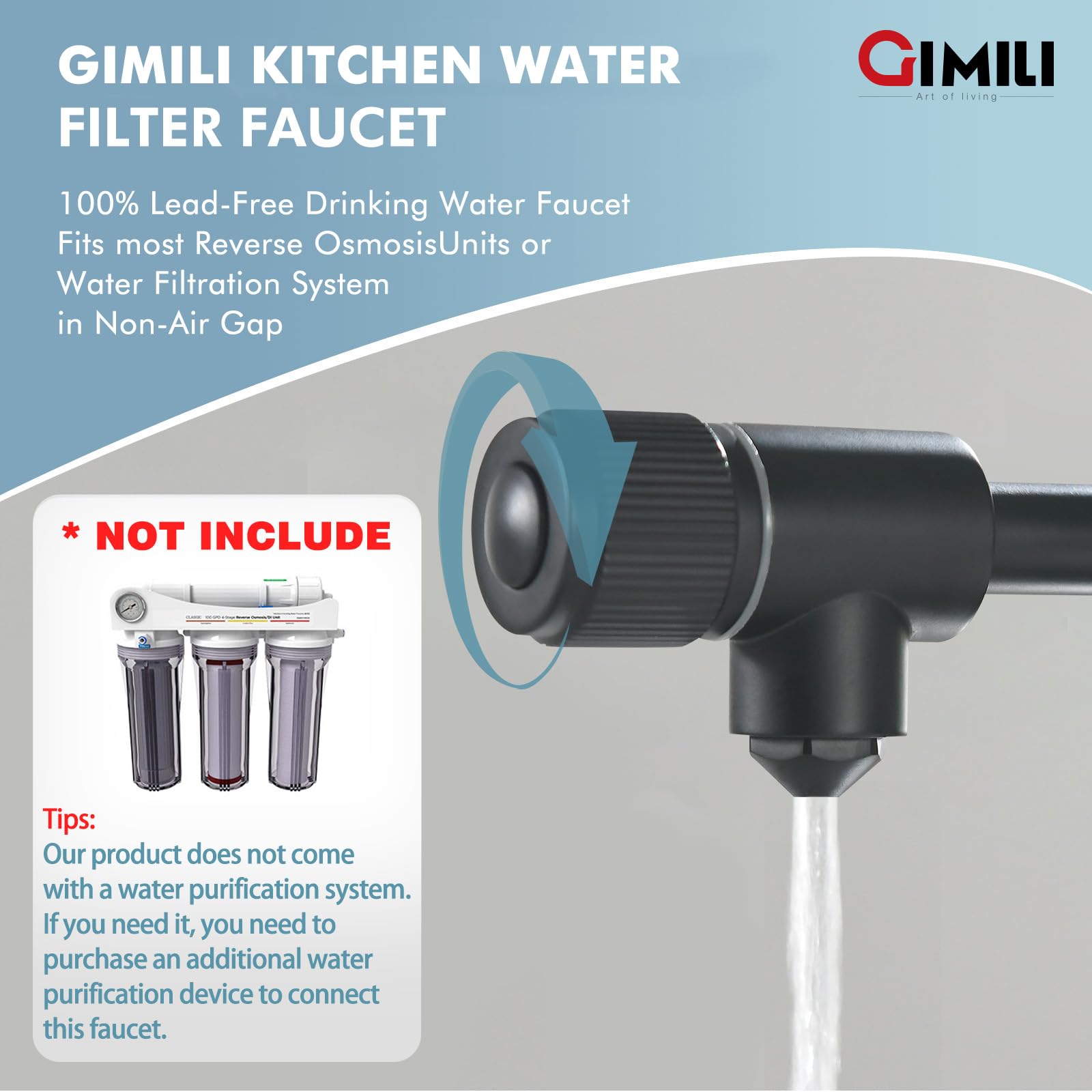 GIMILI 3-in-1 Commercial Style Pull-Down Single Handle Kitchen Faucet with Water Filtration System - Matte Black (Filter Not Included) | Perfect for Modern Homes, Restaurants & Water Purification Stations