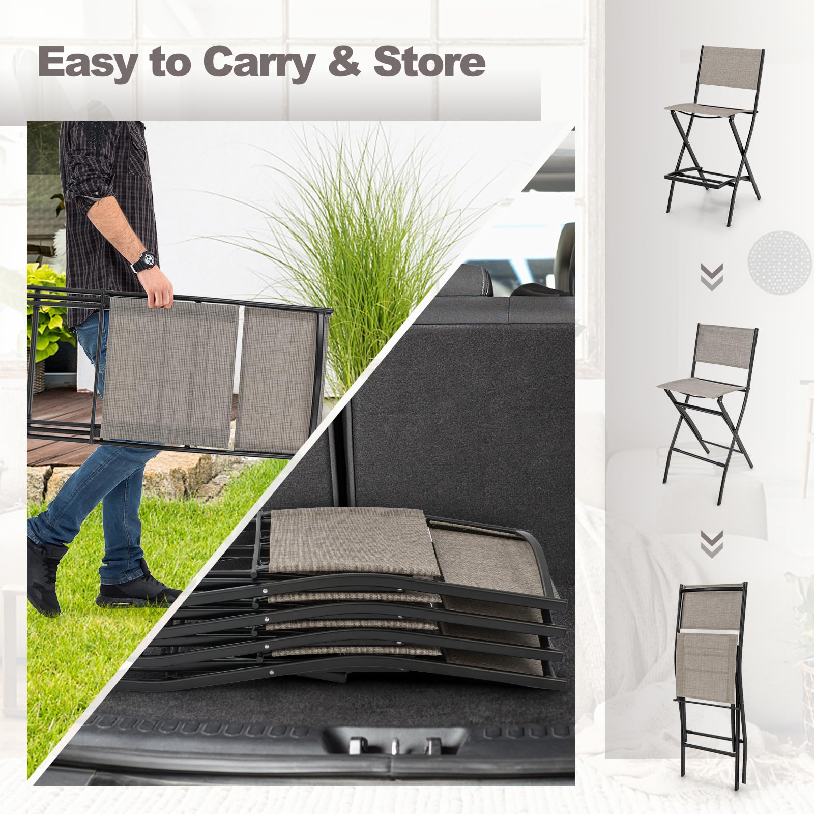 Giantex Set of 2 Folding Outdoor Bar Stools - Counter Height Patio Chairs with Footrest & Back Support, All-Weather Resistant Metal Frame for Porch, Deck, Lawn, Garden - Light Brown | Perfect for Outdoor Dining, Poolside Lounging & Backyard Entertaining
