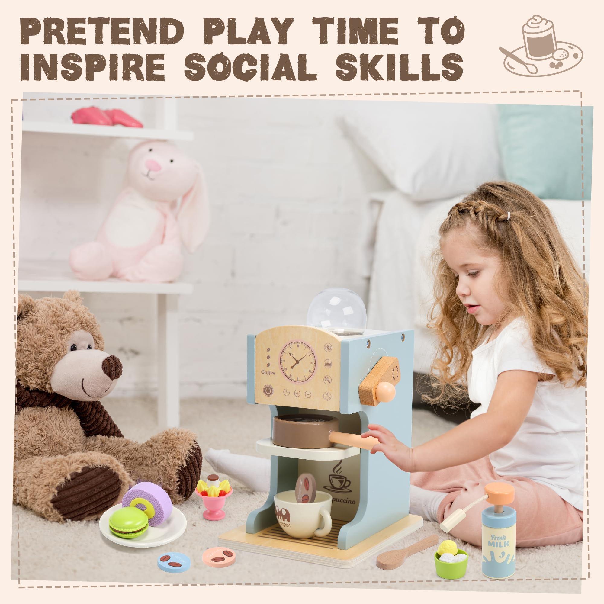 **Wooden Toy Coffee Maker for Kids - Pretend Play Kitchen Set with Coffee Shop Accessories & Toy Desserts - Educational Role Play Toys for Toddlers, Girls & Boys - Perfect for Home, Classroom & Playdates**