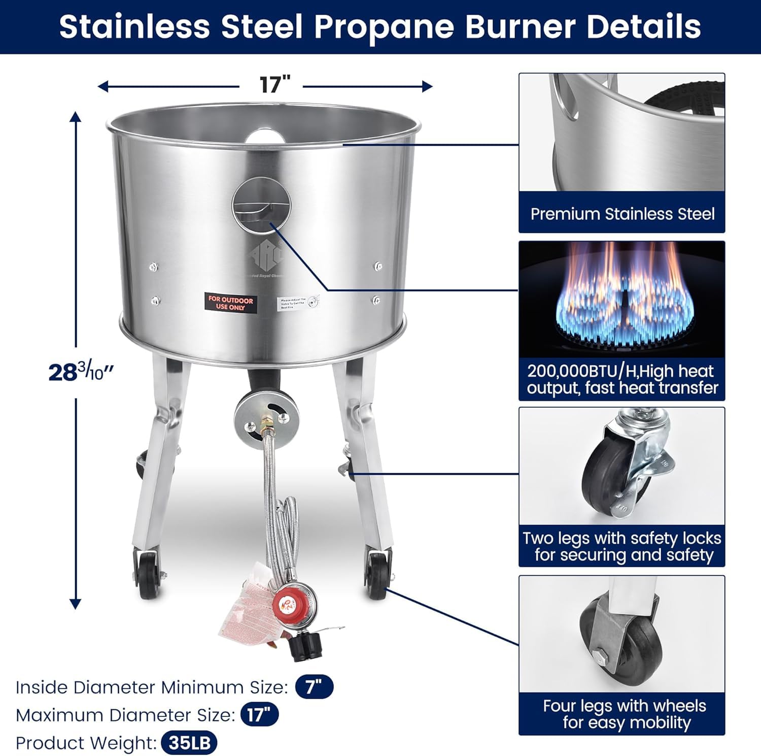 **ARC 64QT Stainless Steel Seafood Boiling Kit – 200,000 BTU Propane Burner with Crawfish Pot, Strainer, Wheeled Legs & 360° Windscreen – Outdoor Cooking, Steaming & Turkey Frying for Backyard, Camping & Parties**