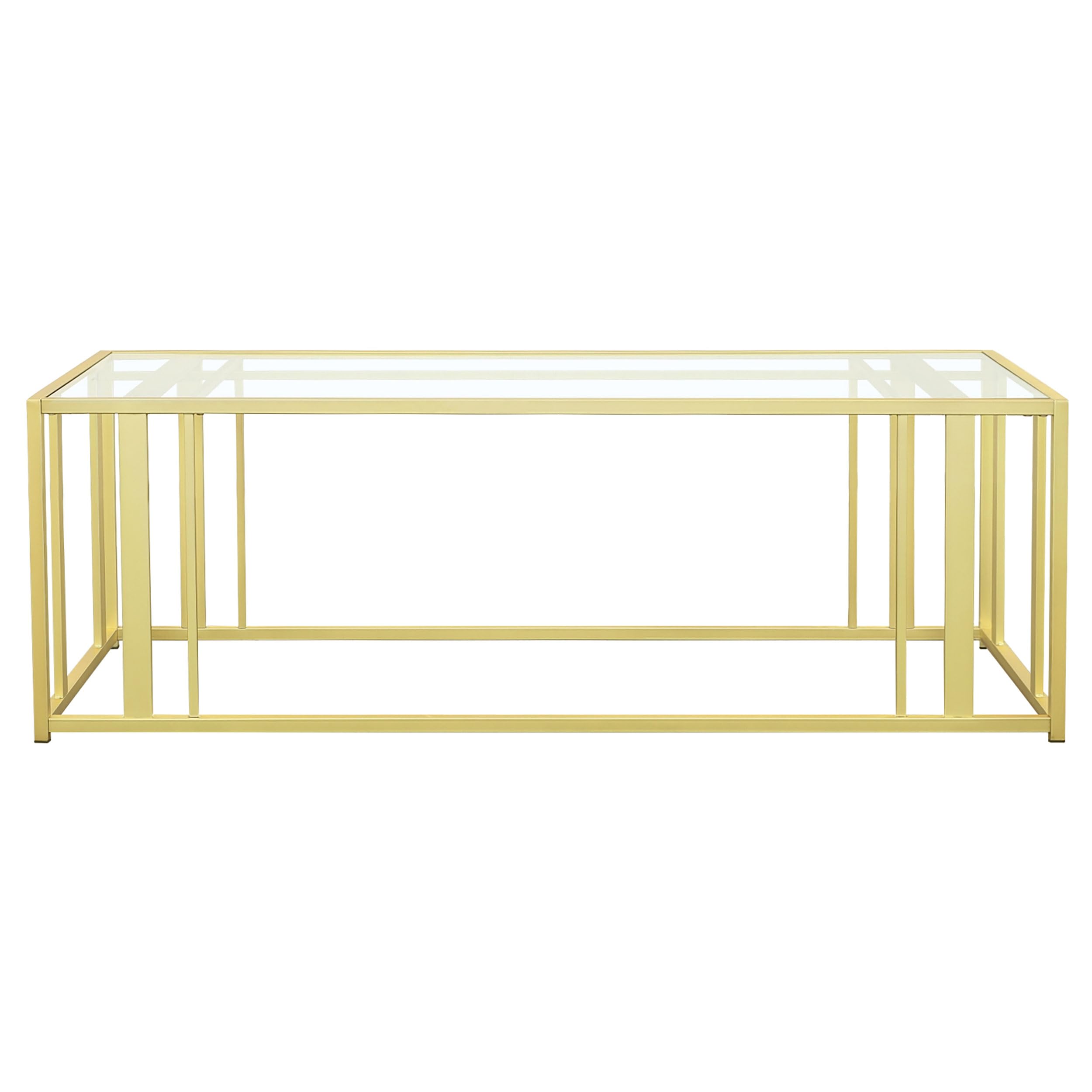 Modern Glass Coffee Table with Geometric Metal Base - Coaster Home Furnishings Adri Rectangular Coffee Table for Living Room, Bedroom, Office | Matte Brass Finish Glass Top End Table | Perfect for Small Spaces, Contemporary Decor & Entertaining Guests