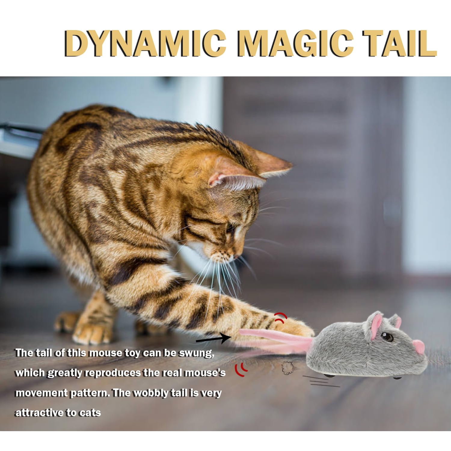 Rechargeable Electric Moving Mouse Cat Toy with Squeaky Sound & Magic Tail - Interactive Automatic Self-Play Kitten Toy for Indoor Cats - Motion Activated Pet Toy (Gray) | Perfect for Playtime, Exercise & Mental Stimulation