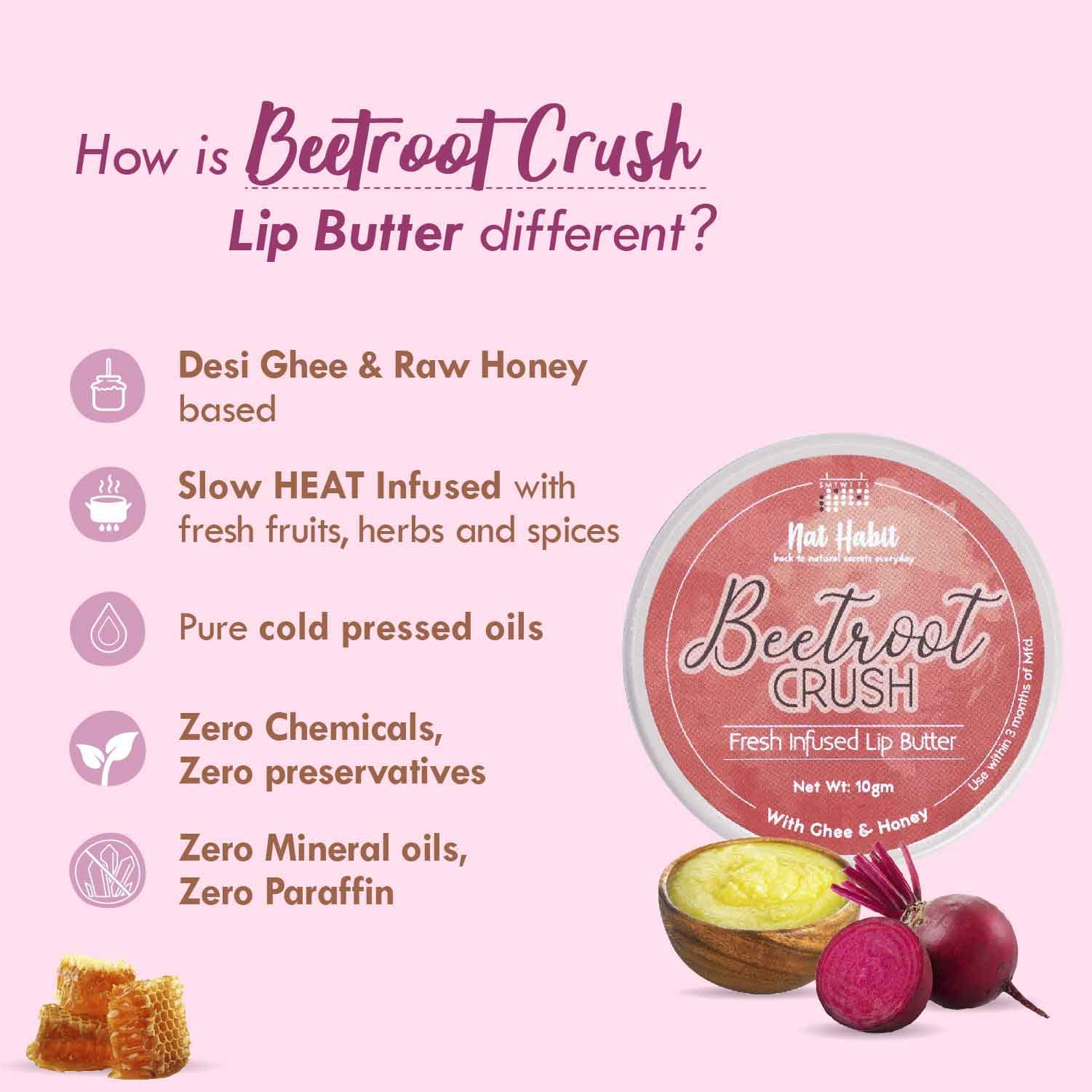Nat Habit Fresh Beetroot Crush Lip Balm 10g - Natural Lip Butter with Desi Ghee & Raw Honey for Pink Lips, Nourishment, Dark & Chapped Lips Treatment - Pack of 1 - Perfect for Daily Hydration & Winter Lip Care