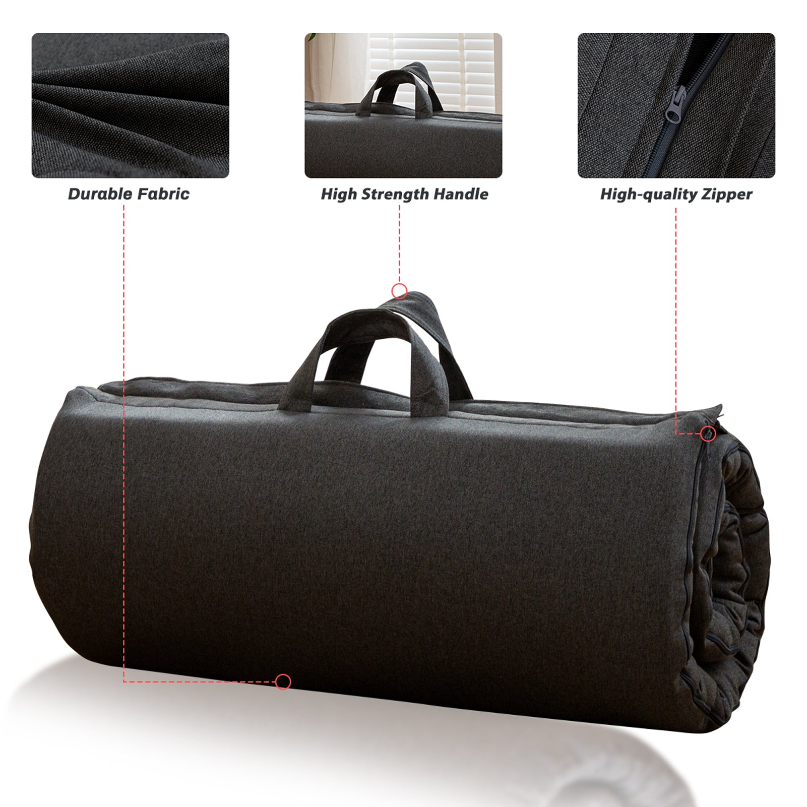 MAXYOYO Roll Up Camping Mattress - Portable Foldable Futon Mattress for Outdoor & Indoor Use, Lightweight with Carry Handle, Dark Grey - Perfect for Camping, Hiking, Travel and Guest Bedding