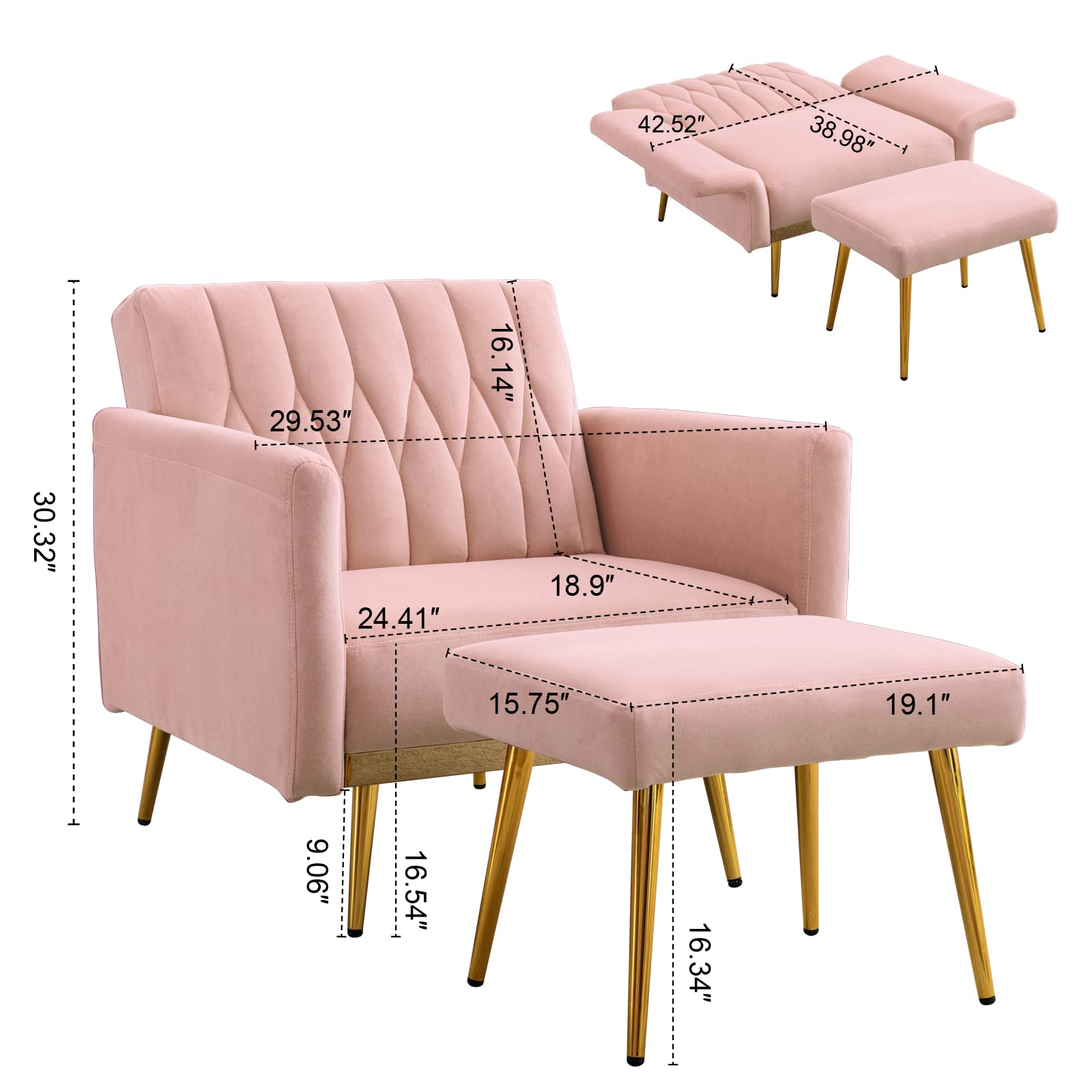 Velvet Tufted Lounge Chair with Ottoman - Adjustable Armrests for Living Room, Bedroom & Office (Pink)