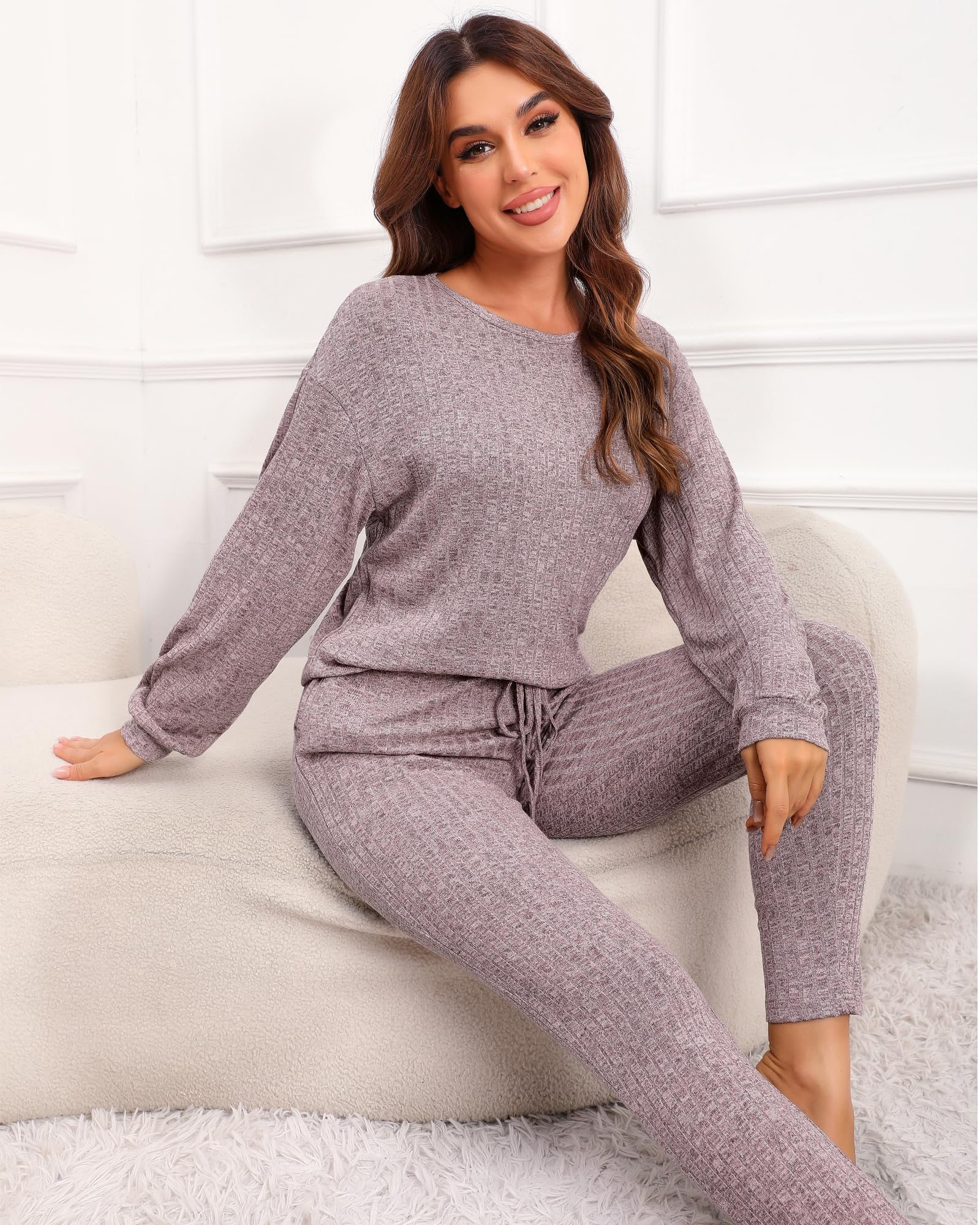 Difficort Women's Long Sleeve Pajama Set - Soft Ribbed Knit Sleepwear & Lounge Outfit with Pockets | Cozy Winter Nightwear for Home Relaxation & Sleep