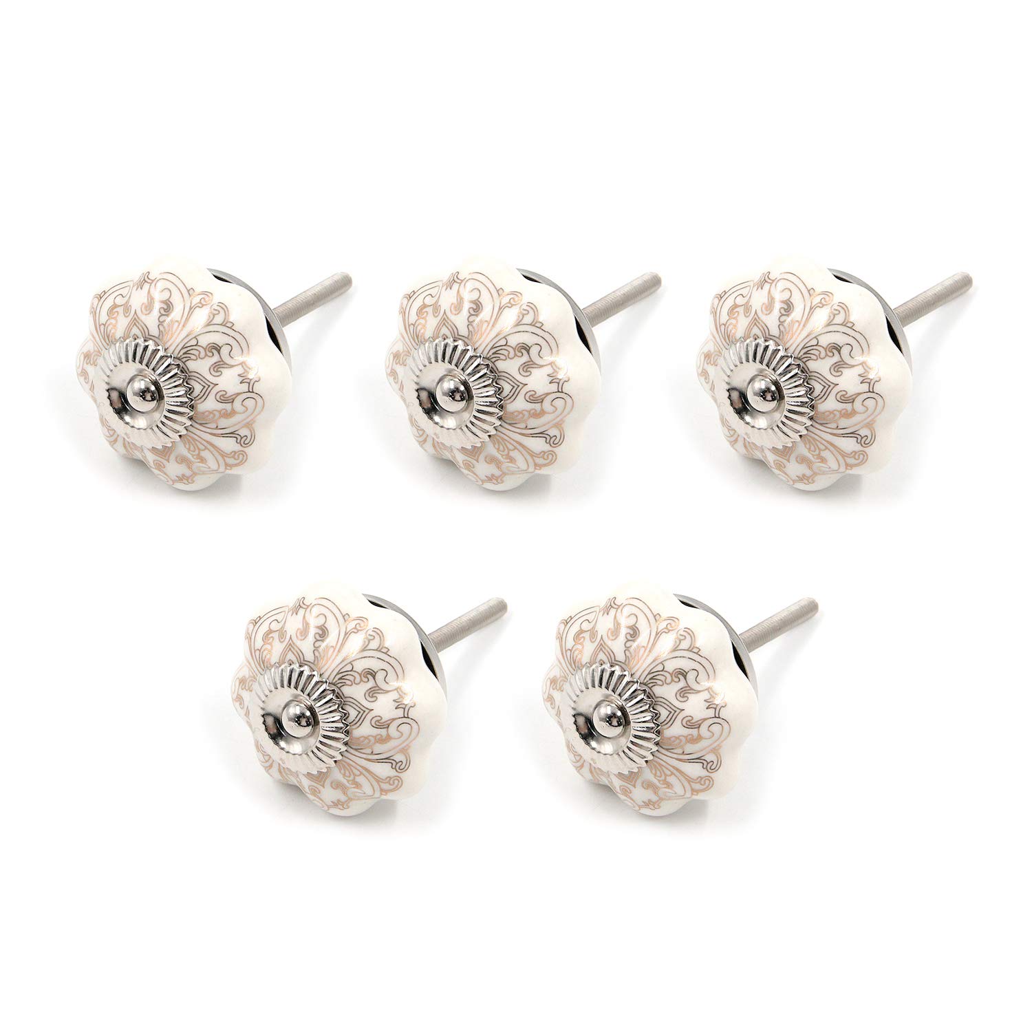 Antrader 5-Piece Ceramic Cabinet Knobs - Hand Painted Gold & White Pumpkin Design - Vintage Wardrobe & Dresser Pulls for Home Decor, Kitchen Cabinets, and Furniture Hardware