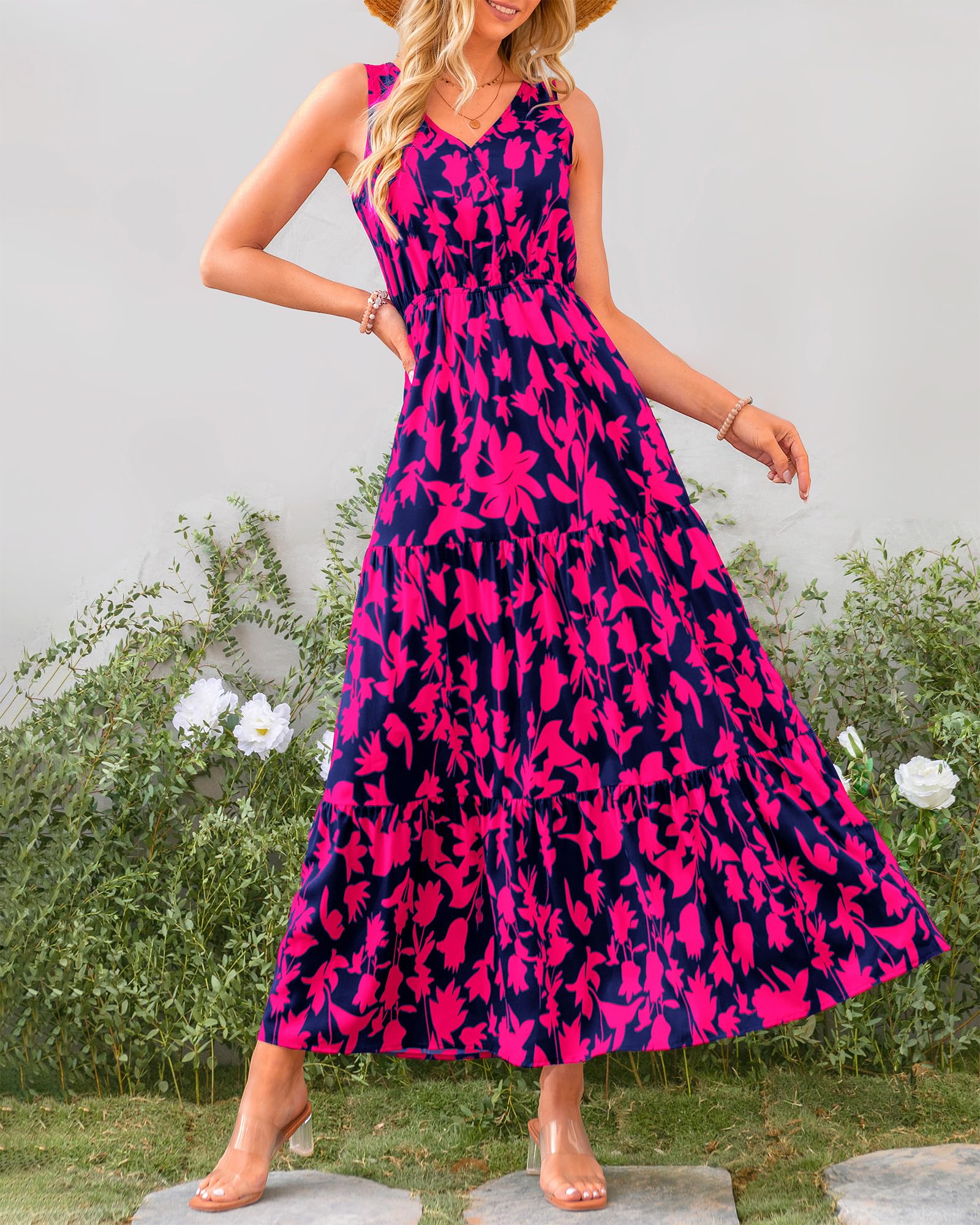 BTFBM Women's Summer Casual Sleeveless Floral Maxi Dress - Cute Long Dress for Wedding Guest, Beach Vacation, Date Night & Outdoor Parties