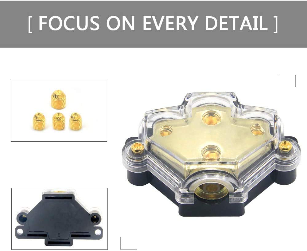 3 Way Power Distribution Block - 0/2/4 AWG Input, 4/8 AWG Output - Car Audio Stereo Amplifier Splitter Connector (1 Input 3 Output) 2 Pack - Perfect for Car Audio Systems, RV & Marine Power Distribution