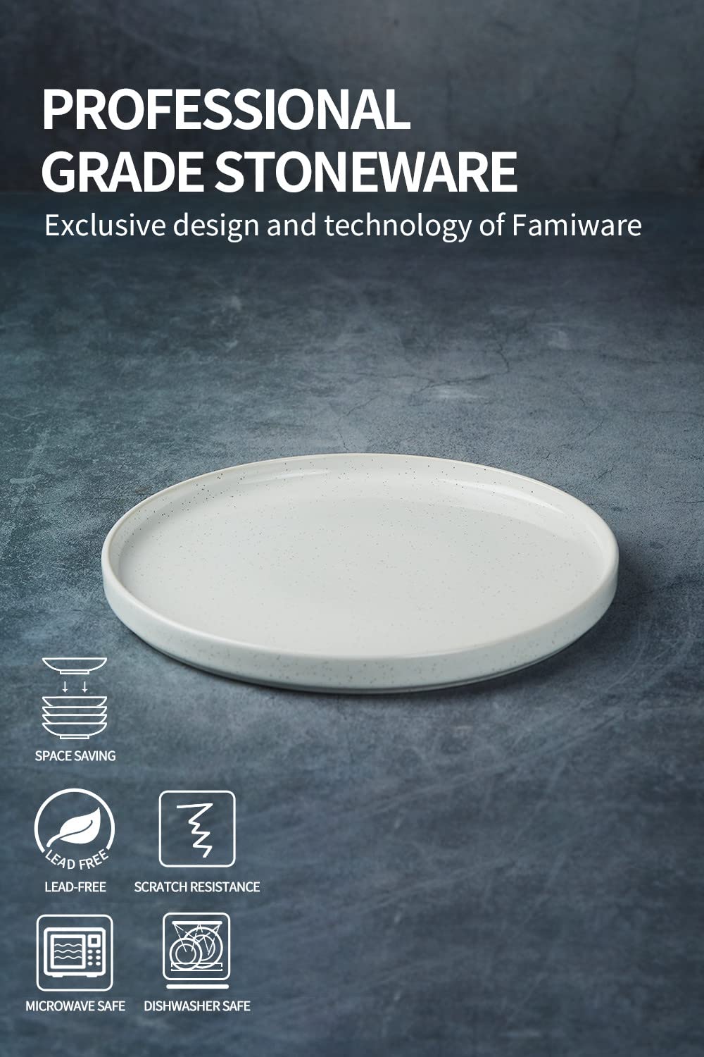 Famiware Nebula 6-Piece Salad Plate Set - 8 Inch Scratch Resistant Stoneware Dessert Plates - Modern Rustic White Dinnerware for Kitchen & Dining - Perfect for Salads, Appetizers, and Party Serving