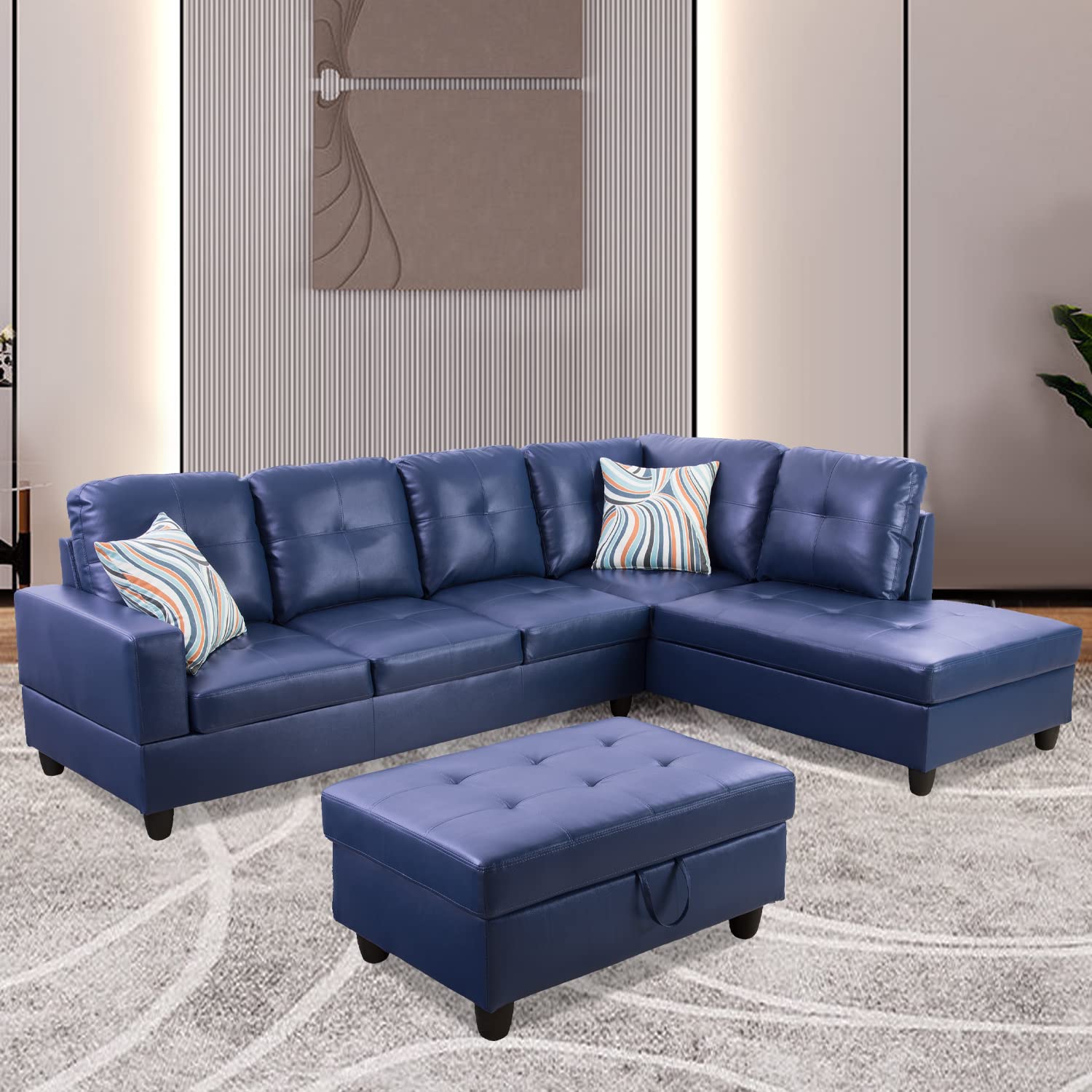 Modern L-Shaped Sectional Sofa Set for Living Room - Right Hand Facing Blue Multi-Piece Furniture | Home Decor, Lounge & Family Room Comfort | Ponliving Furniture Inc.