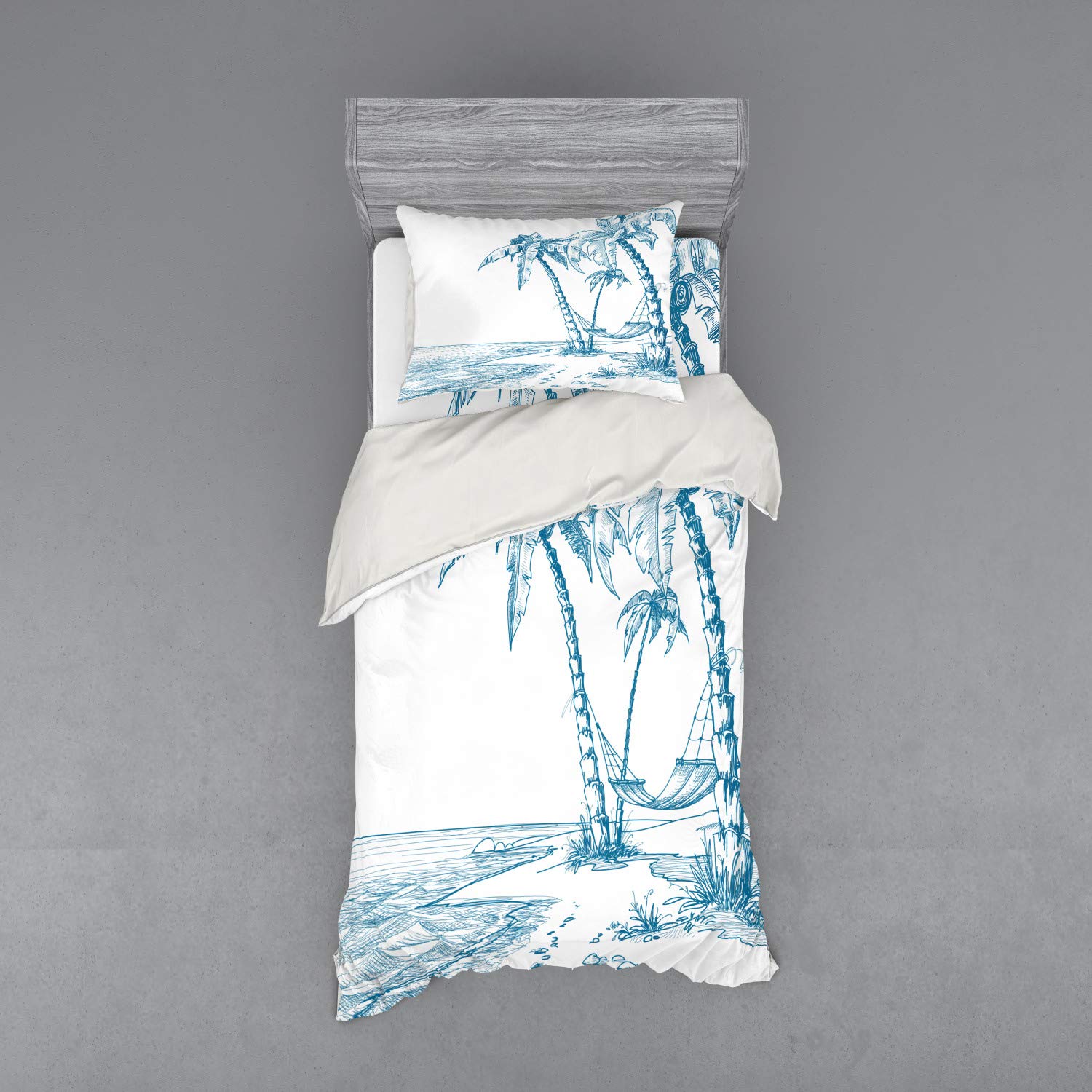 Ambesonne Tropical Beach Duvet Cover Set - 3 Piece Blue & White Twin Size Bedding with Palm Tree & Hammock Design - Perfect for Coastal Decor, Vacation Homes & Summer Bedroom Themes