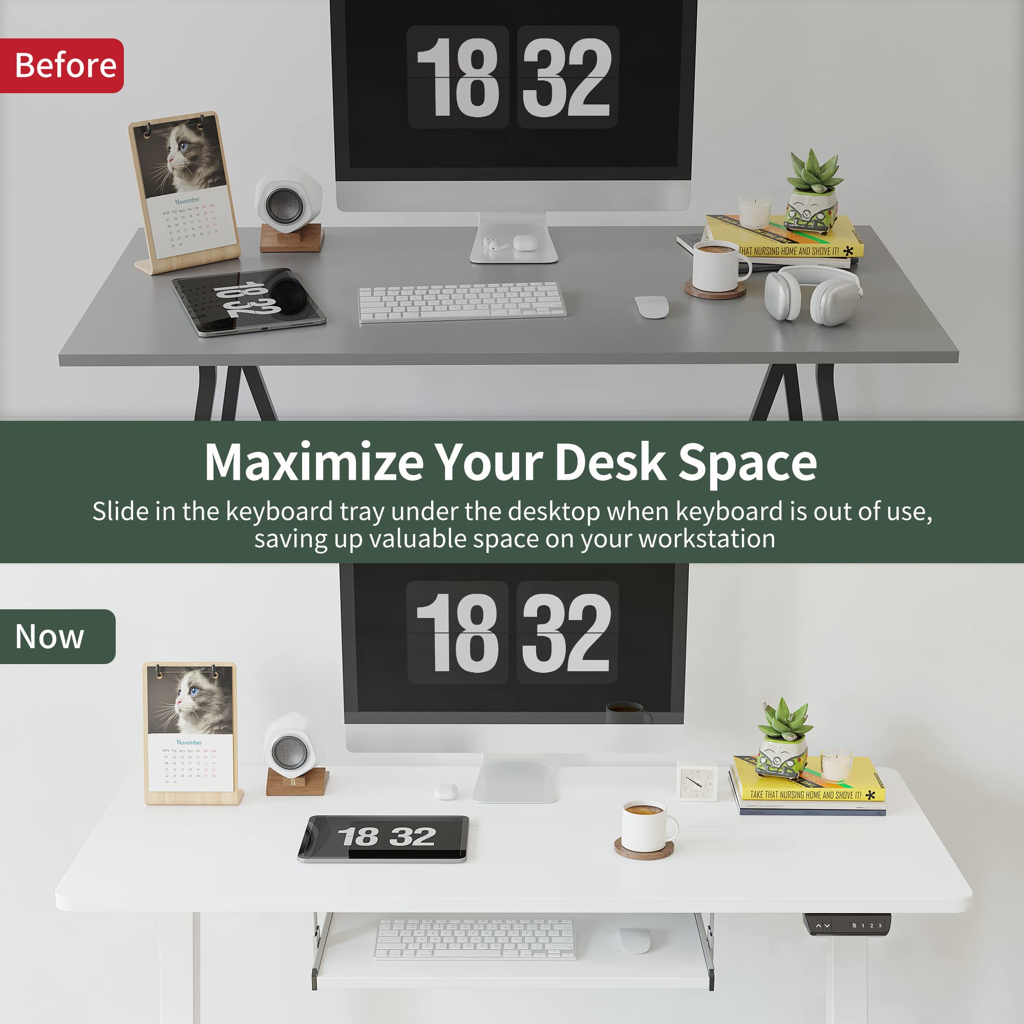 FEZIBO Electric Standing Desk 63 x 24 Inches - Height Adjustable Sit Stand Desk with Keyboard Tray & Splice Board, White Frame & White Top - Perfect for Home Office, Gaming & Workspace Ergonomics