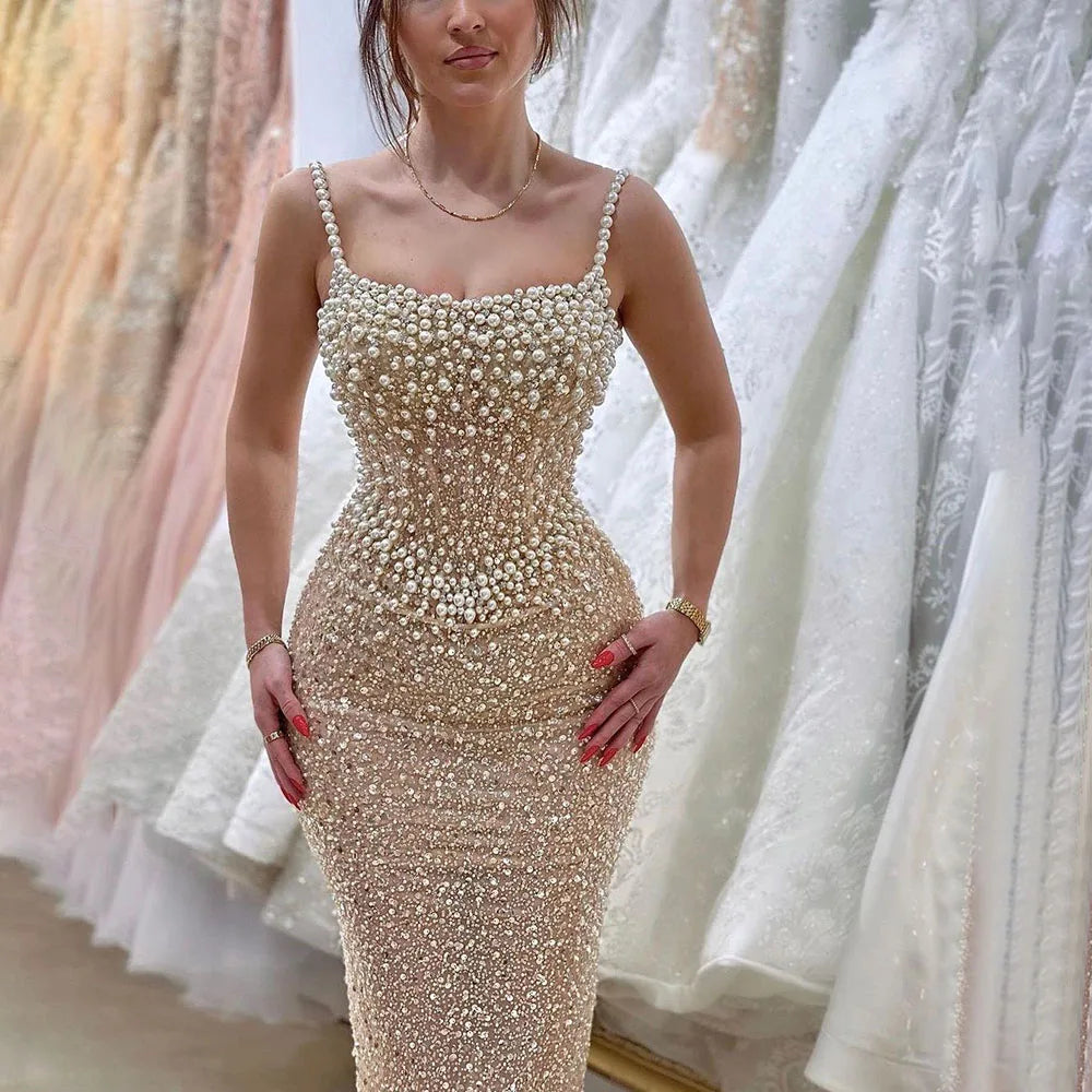 Elegant Nude Mermaid Evening Gown with Pearl Beading - Luxurious Women's Wedding Dress for Bride, Prom, Gala & Special Occasions | LA72321