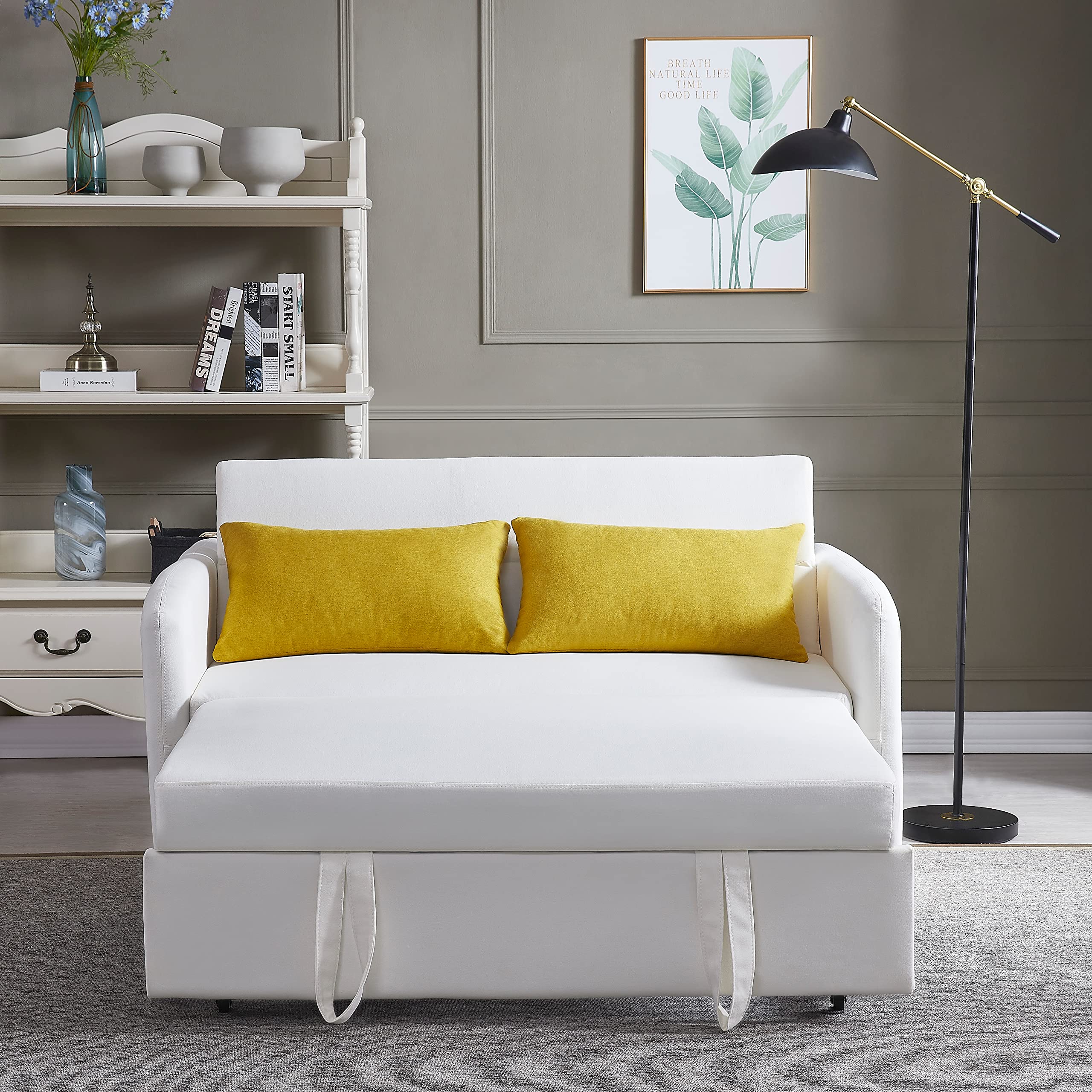 KLMM Modern Convertible Sofa Bed - Multi-Functional Adjustable Lounge Chaise with USB Port & Storage Pocket, Pull Out Sleeper Sofa with 2 Pillows for Living Room, Office, Guest Room & Small Spaces (Beige) - Perfect for Apartments, Dorms and Home Theater Seating