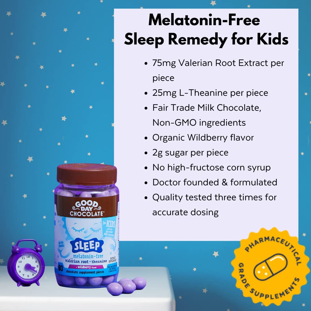 Organic Valerian Root Chocolate for Kids - Herbal Sleep Aid with L-Theanine, Non-GMO & Fair Trade Certified, Wildberry Flavor (50 Pieces) - Perfect for Bedtime Relaxation & Stress Relief
