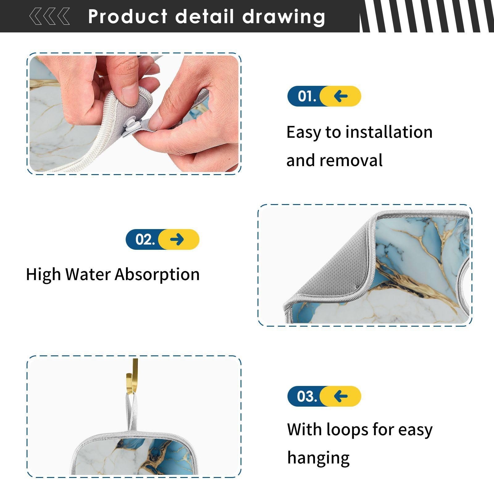 2 Pack Sink Splash Guard - Light Blue & White Marble Absorbent Kitchen Faucet Mat | Drip Catcher & Drying Mat for Farmhouse Bathroom & Bar | Perfect for Kitchen Sink, Bathroom Vanity & RV Use