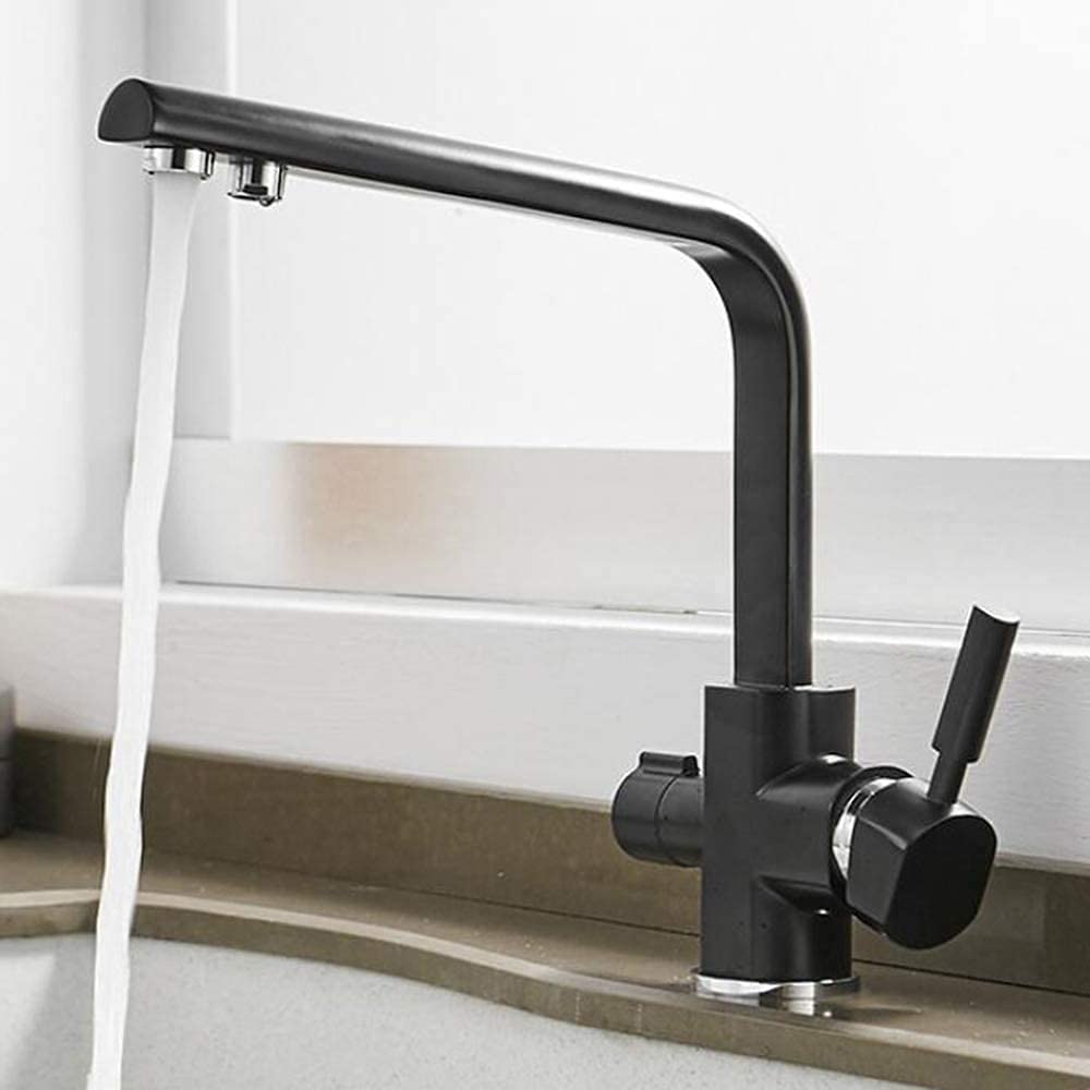 Premium Black 3-Way Kitchen Faucet with Water Filter - 360° Rotatable Drinking Water Tap, 2 Lever Mixer Sink Faucet - 3-in-1 Brass Construction for Modern Homes & Restaurants